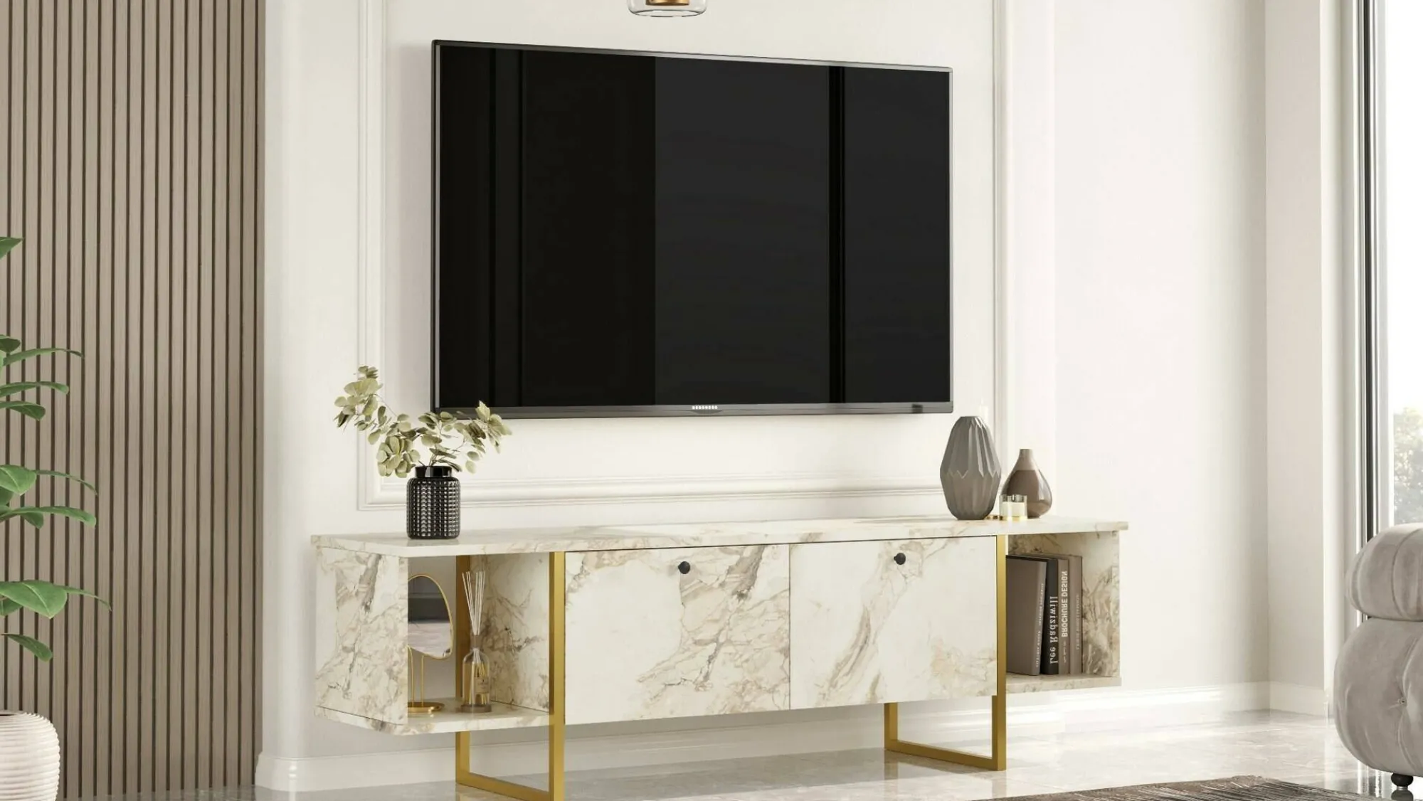Mobile porta TV Adalberta, 160x40h48 cm, Bianco e Oro<Dmora Best