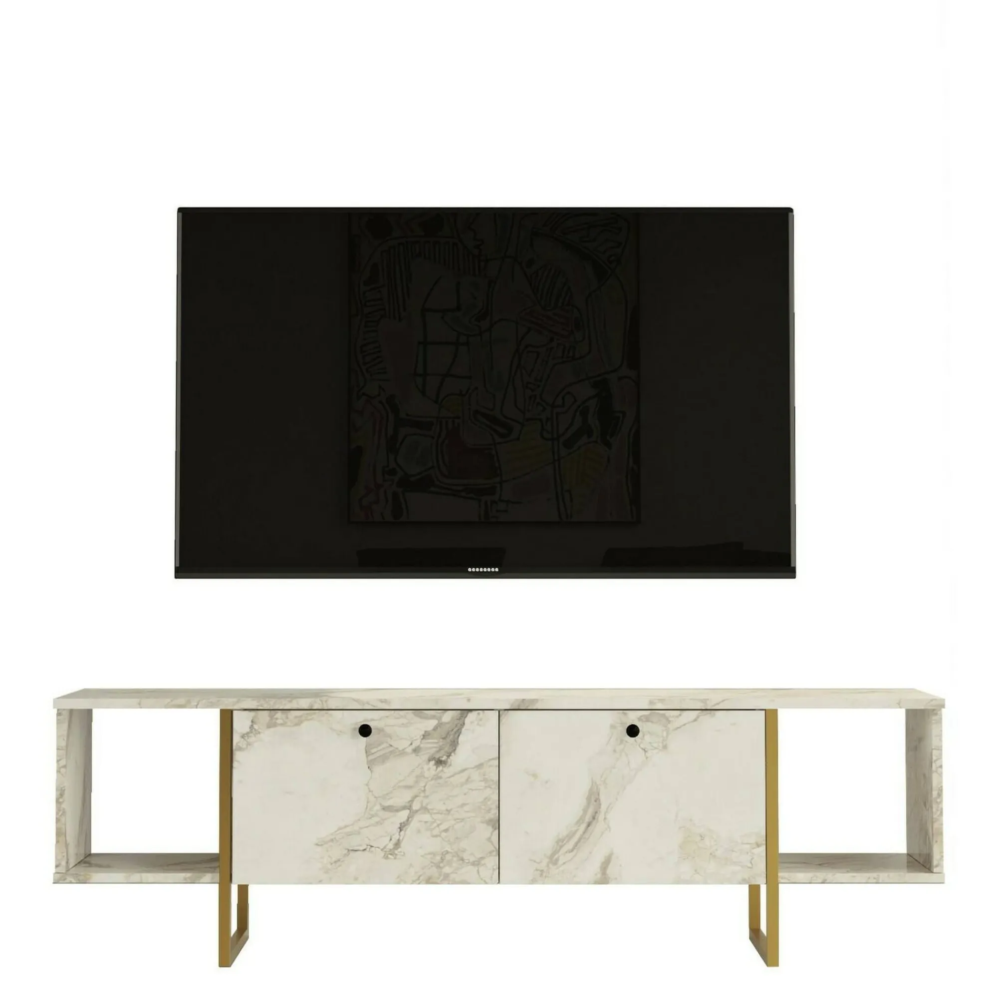 Mobile porta TV Adalberta, 160x40h48 cm, Bianco e Oro<Dmora Best