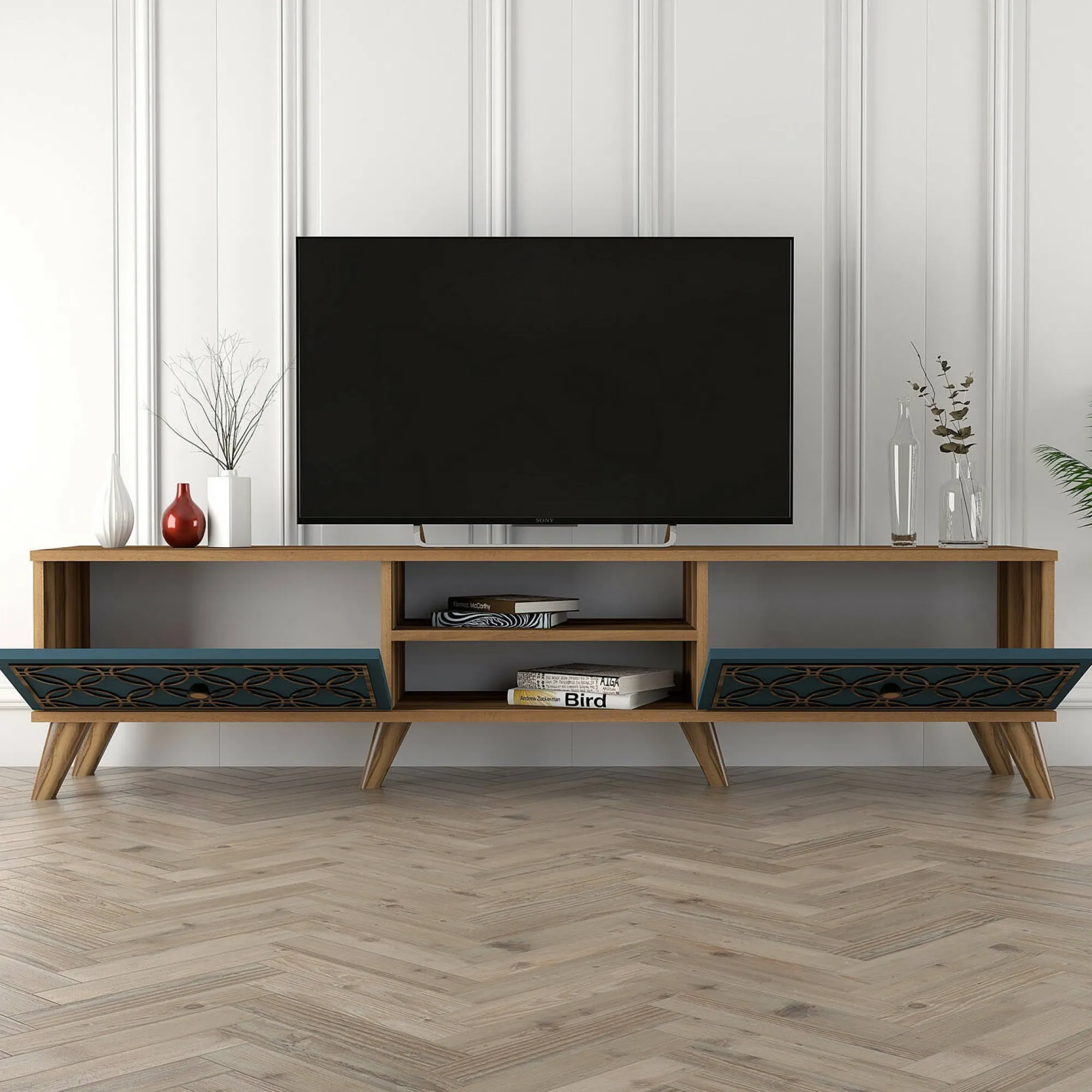 Mobile porta TV Albonese, 180x35 h44 cm, Noce e Blu<Dmora Best Sale