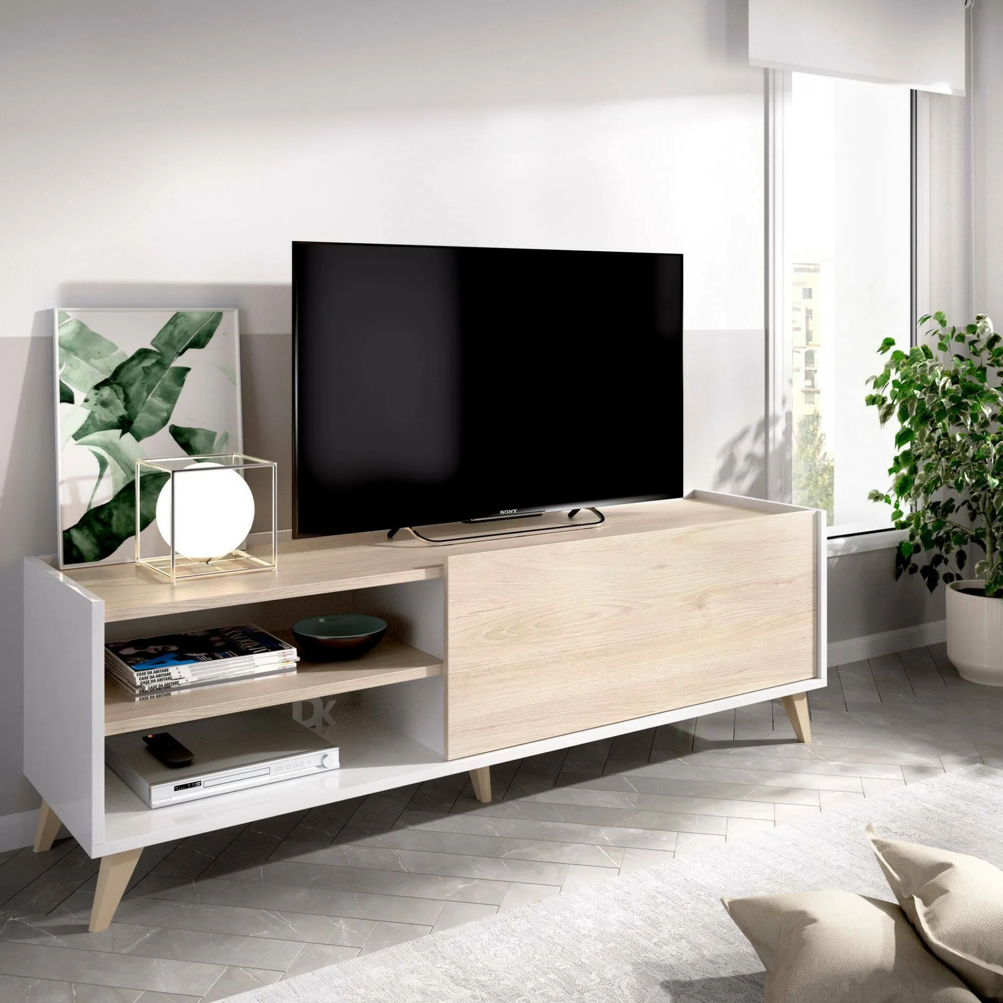 Mobile porta TV Allesia, 155x43h47 cm, Rovere e Bianco<Dmora Hot