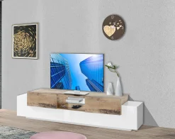 Mobile porta TV Amato, cm 220x45h51, Bianco lucido e Acero<Dmora Clearance
