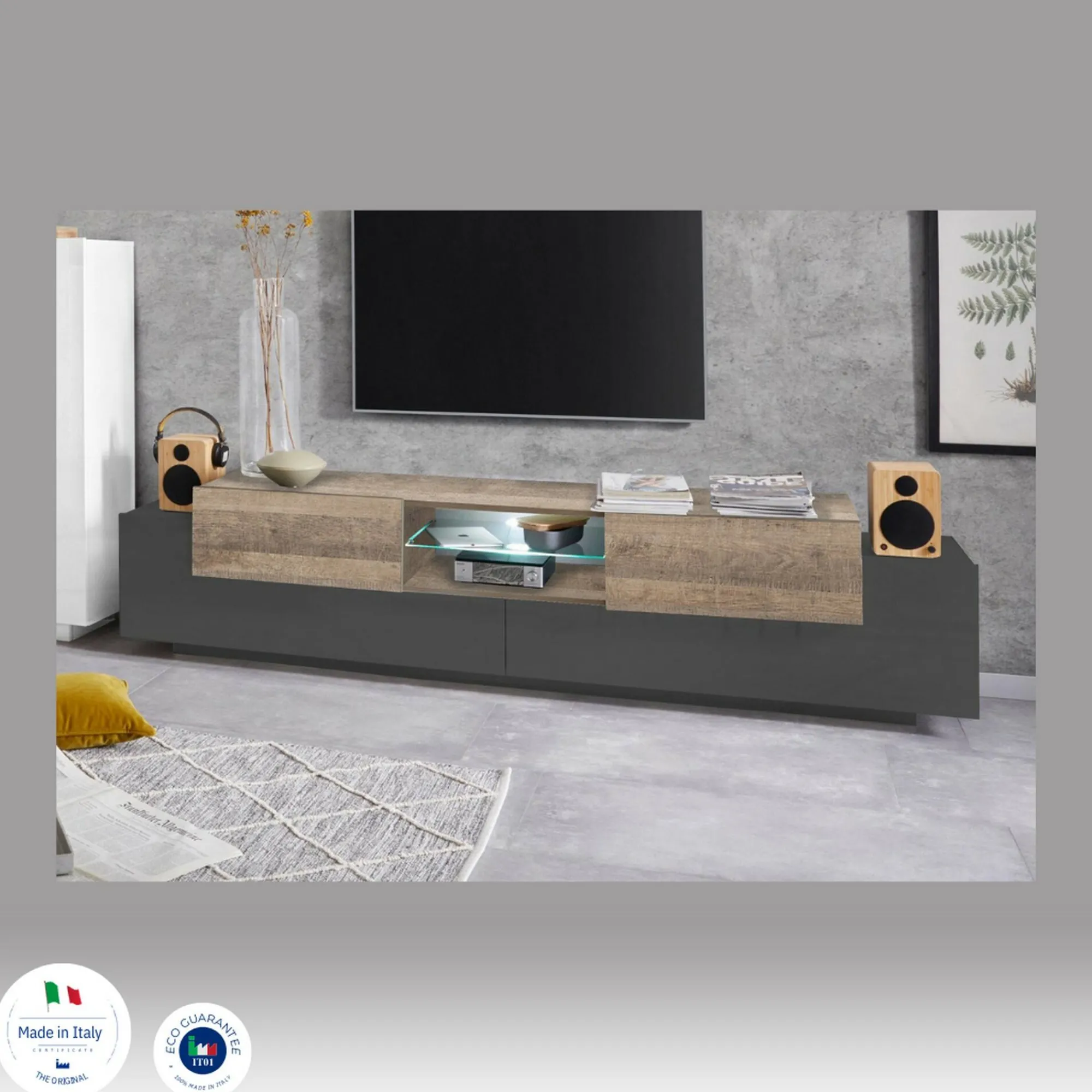 Mobile porta TV Amato, cm 220x40h51, Antracite e Acero<Dmora Outlet
