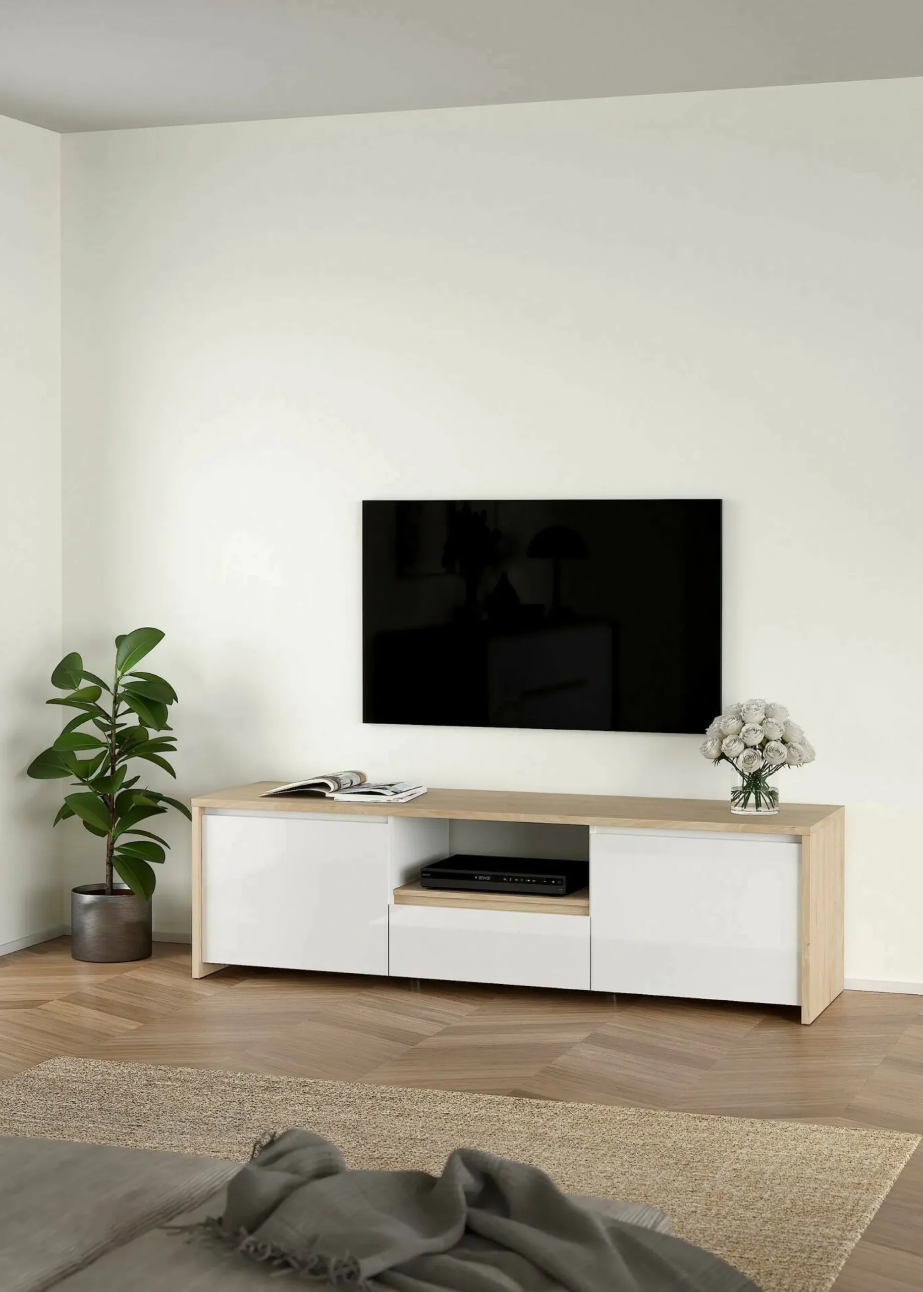 Mobile porta TV Ambivere, 48x179 h52 cm, Rovere e Bianco<Dmora Discount