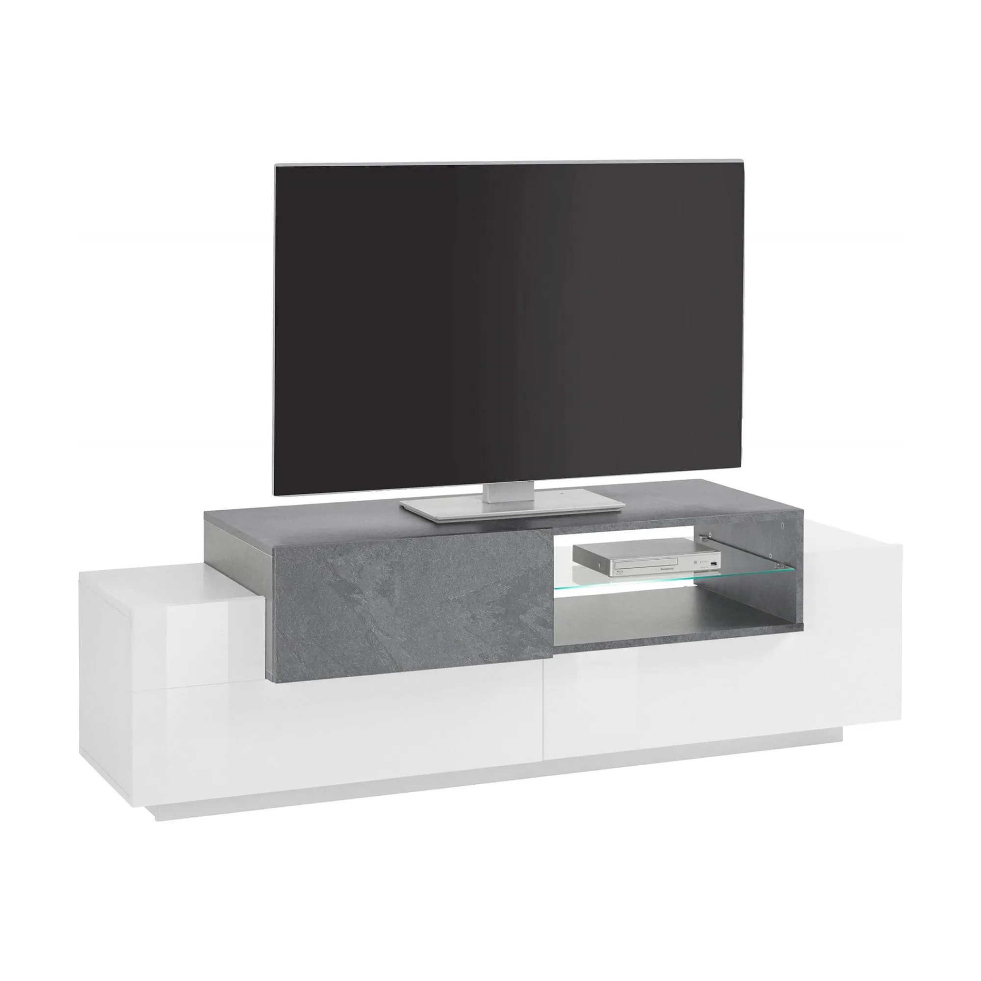 Mobile porta TV Andris, cm 160x45h51, Bianco lucido e Ardesia<Dmora Outlet