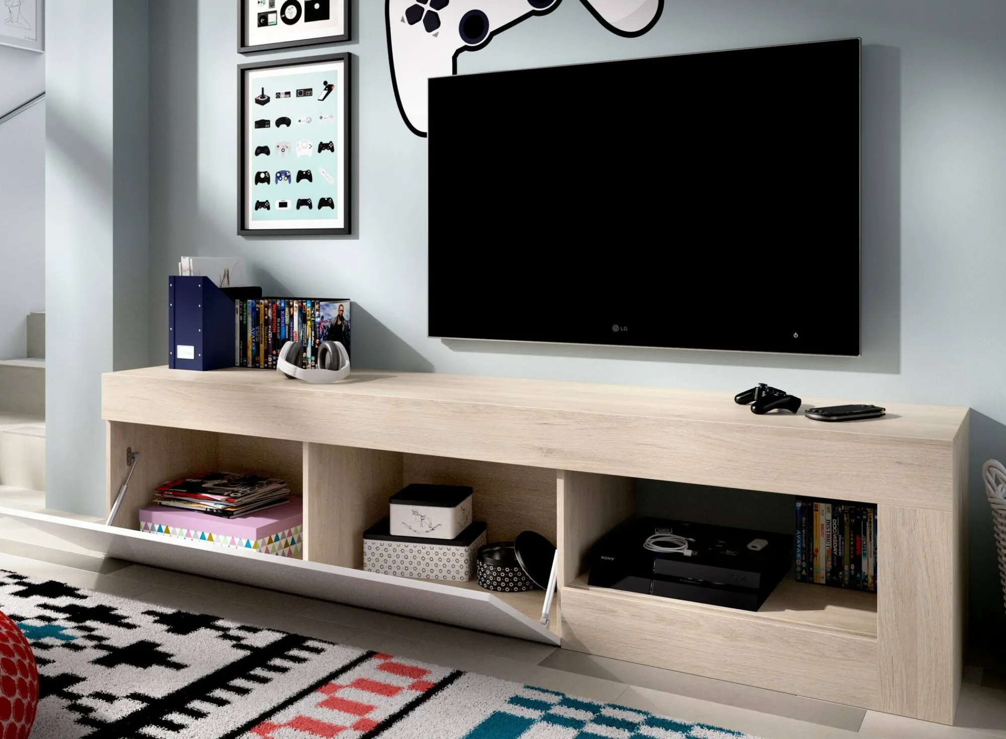 Mobile porta TV Animeli, 204x42h48 cm, Rovere e Bianco<Dmora Outlet