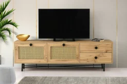Mobile porta TV Apollinare, Quercia e Nero, 180x40h60 cm<Dmora Fashion