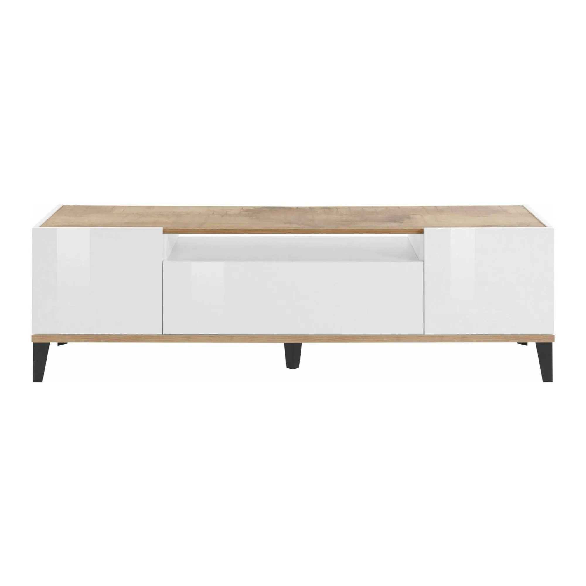 Mobile porta TV Argentoro, cm 160x40h47, Bianco lucido e Acero<Dmora New