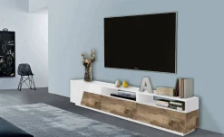 Mobile porta TV Arghi, cm 200x43h46, Bianco lucido e Acero<Dmora Sale