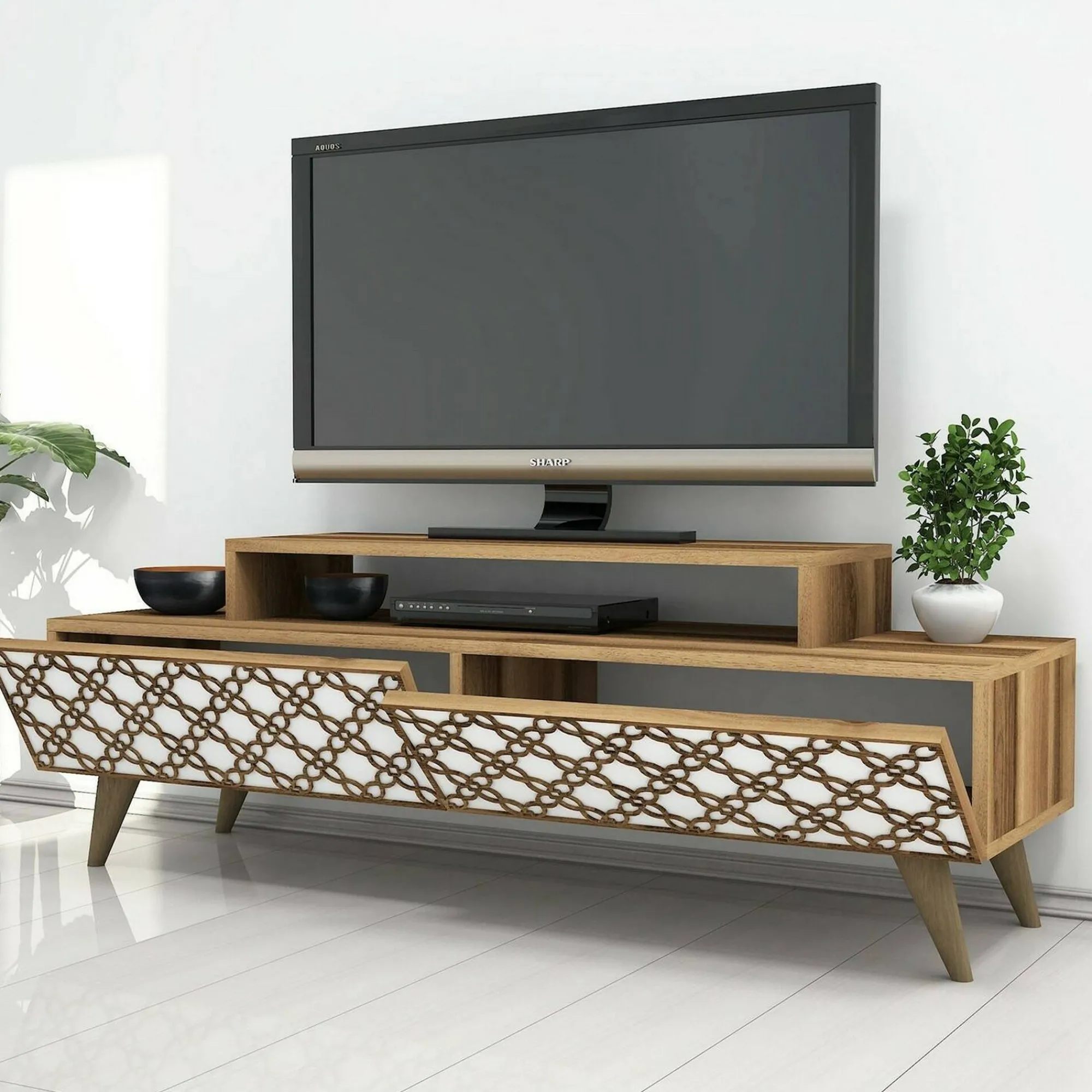 Mobile porta TV Arnara, 140x42h49 cm, Noce e Bianco<Dmora Discount