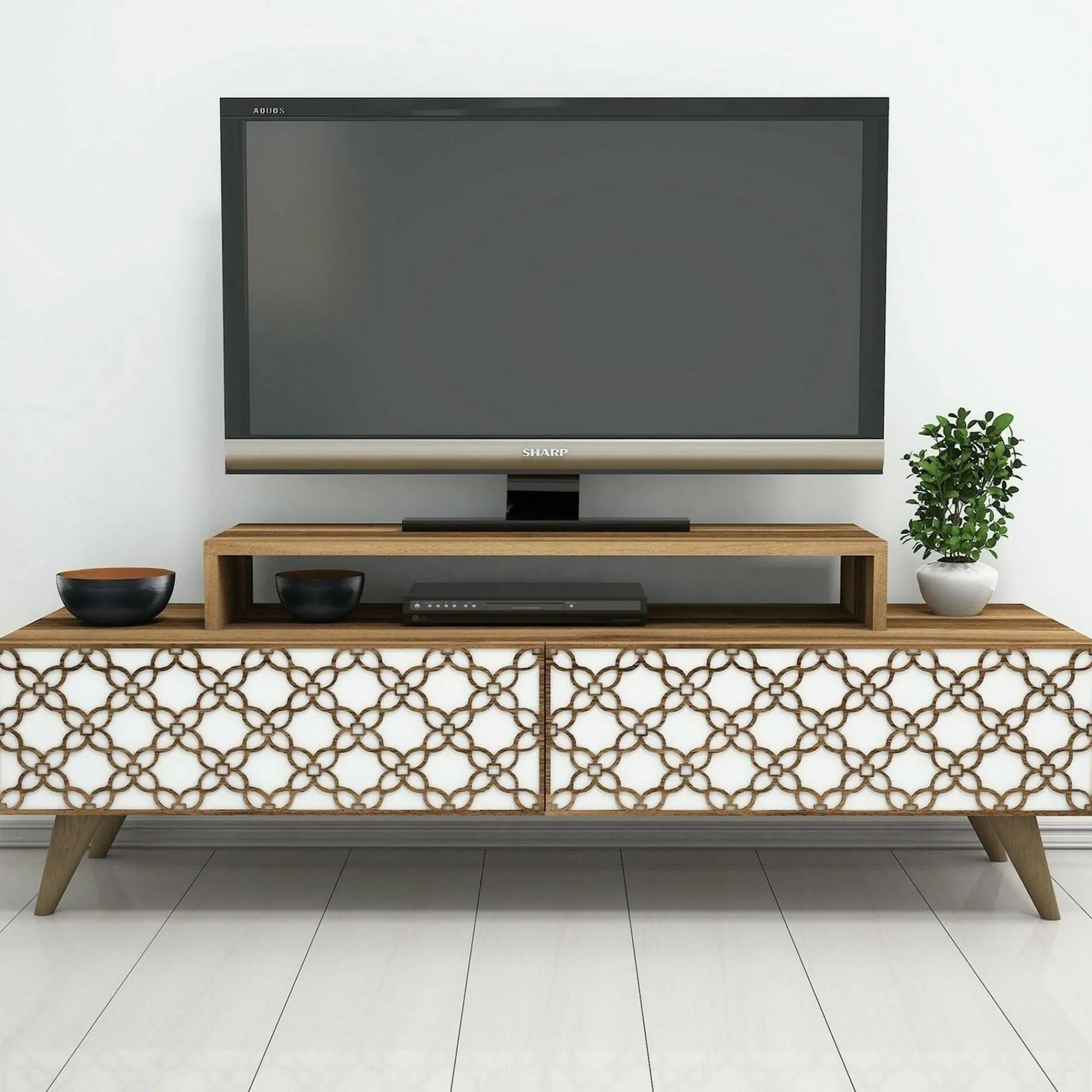 Mobile porta TV Arnara, 140x42h49 cm, Noce e Bianco<Dmora Discount