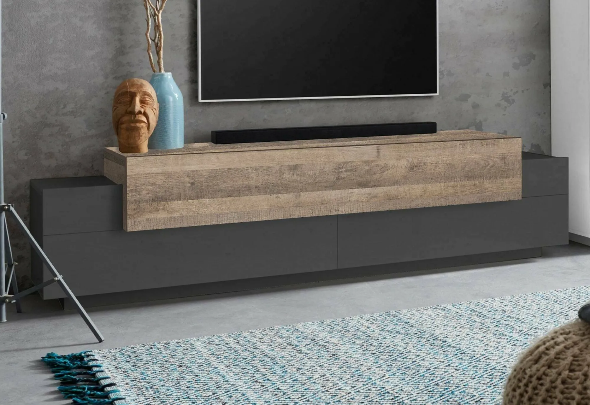 Mobile porta TV Arold, cm 200x45h52, Antracite e Acero<Dmora Online