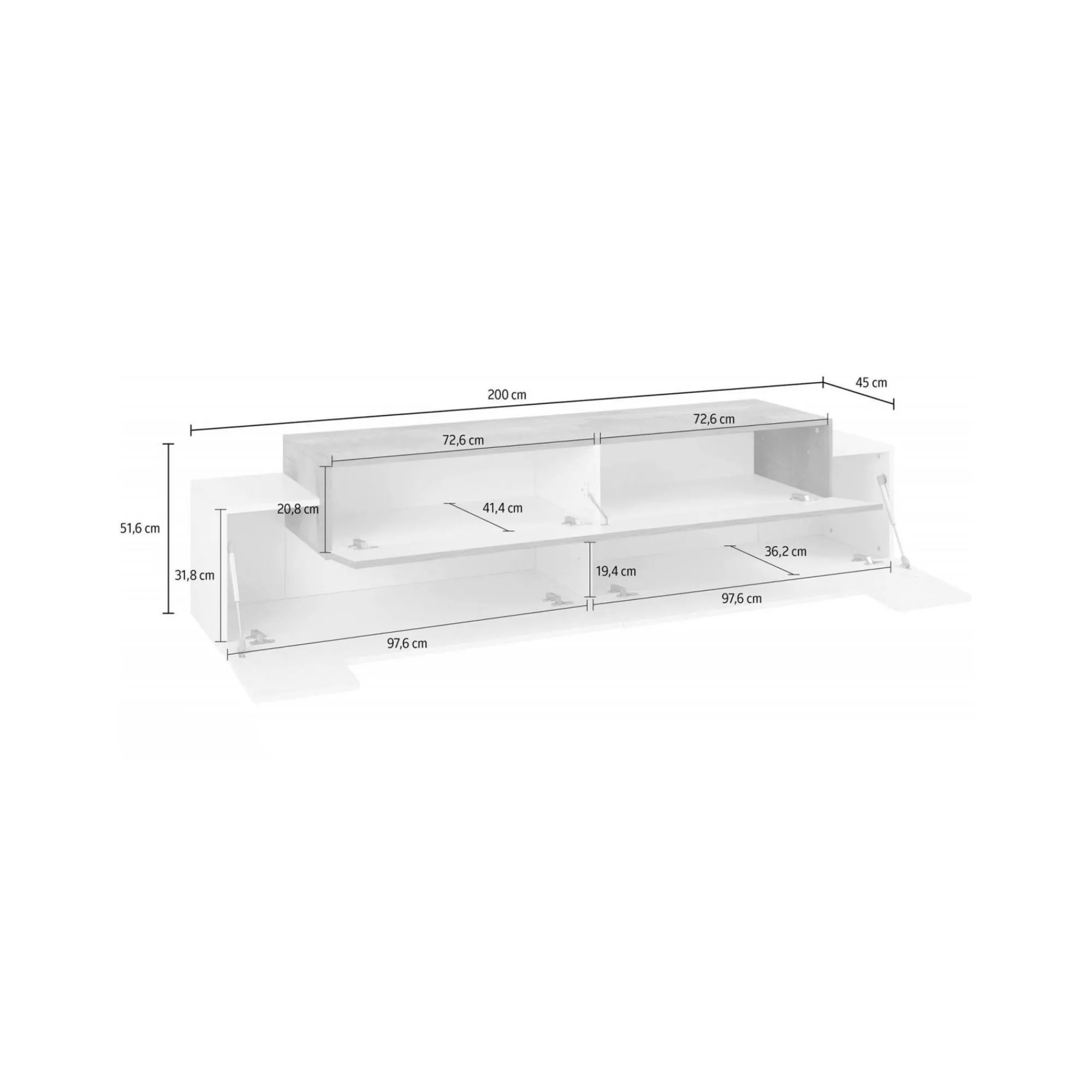 Mobile porta TV Arold, cm 200x45h52, Bianco lucido e Ardesia<Dmora Store