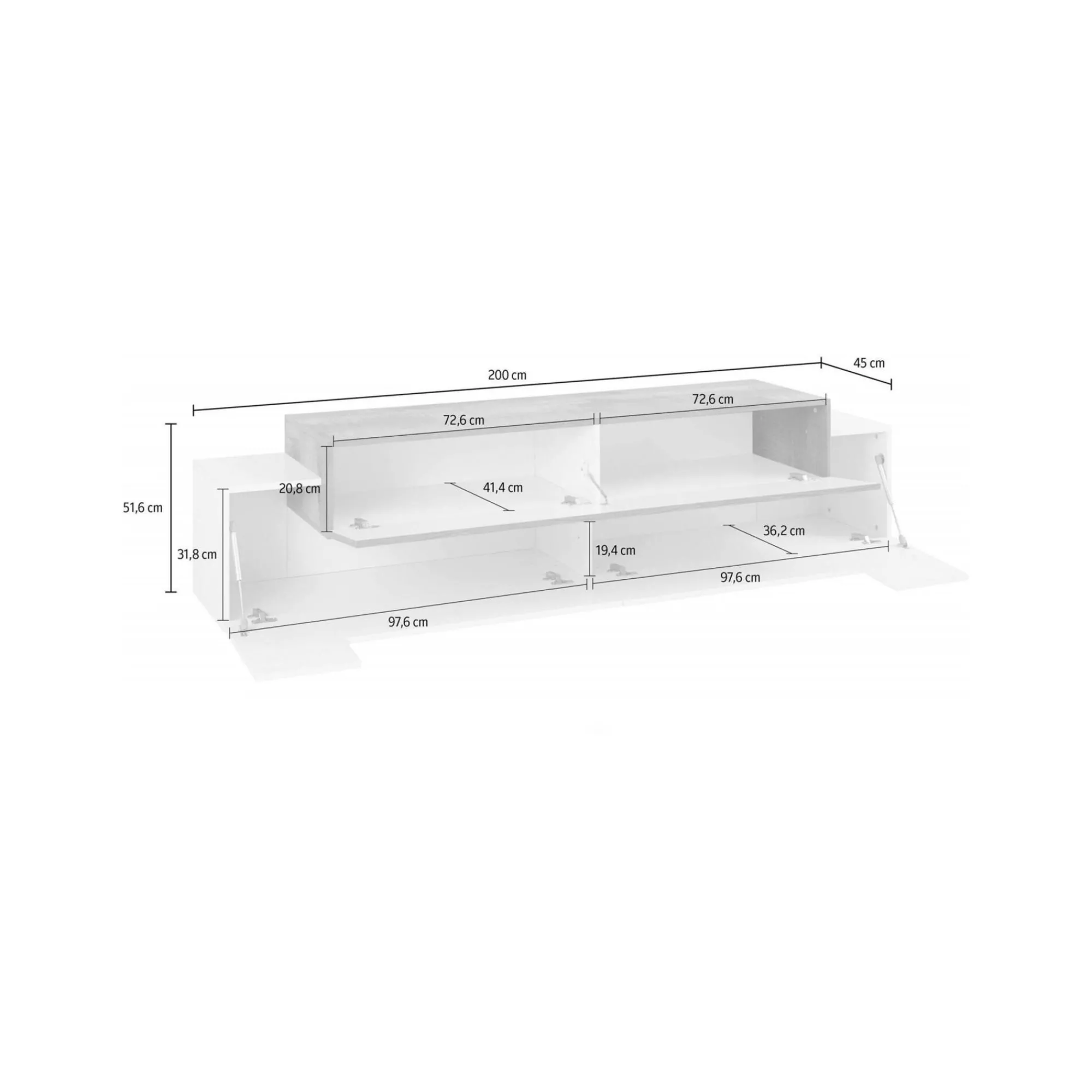 Mobile porta TV Arold, cm 200x45h52, Bianco lucido e Acero<Dmora Cheap