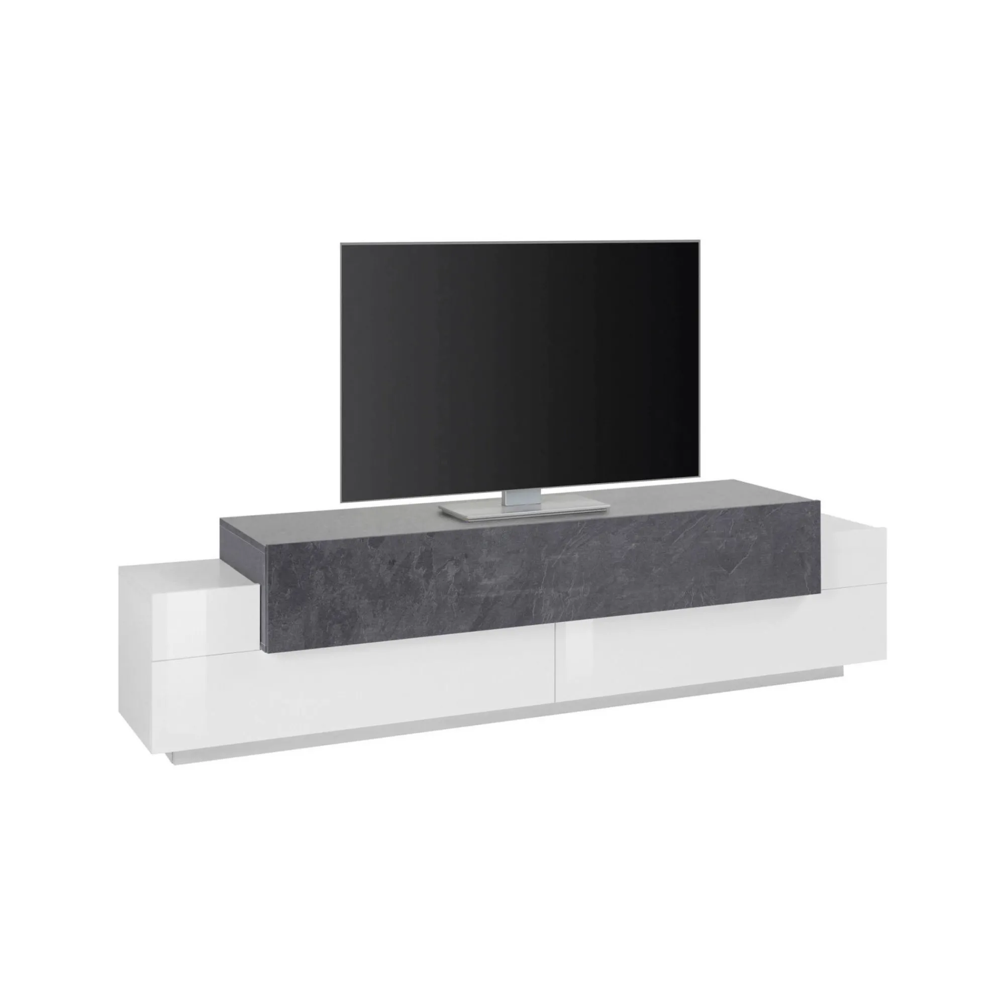 Mobile porta TV Arold, cm 200x45h52, Bianco lucido e Ardesia<Dmora Store