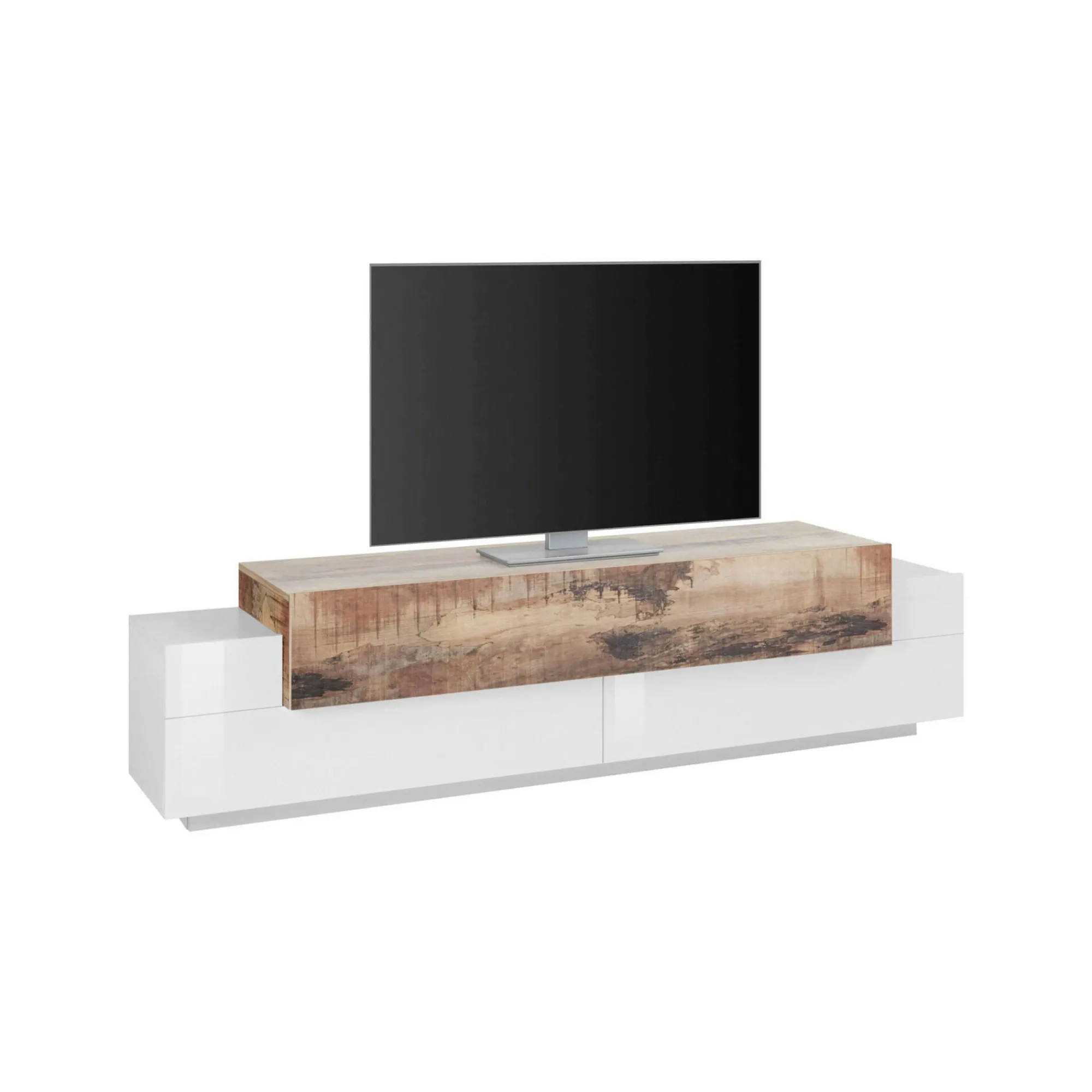 Mobile porta TV Arold, cm 200x45h52, Bianco lucido e Acero<Dmora Cheap
