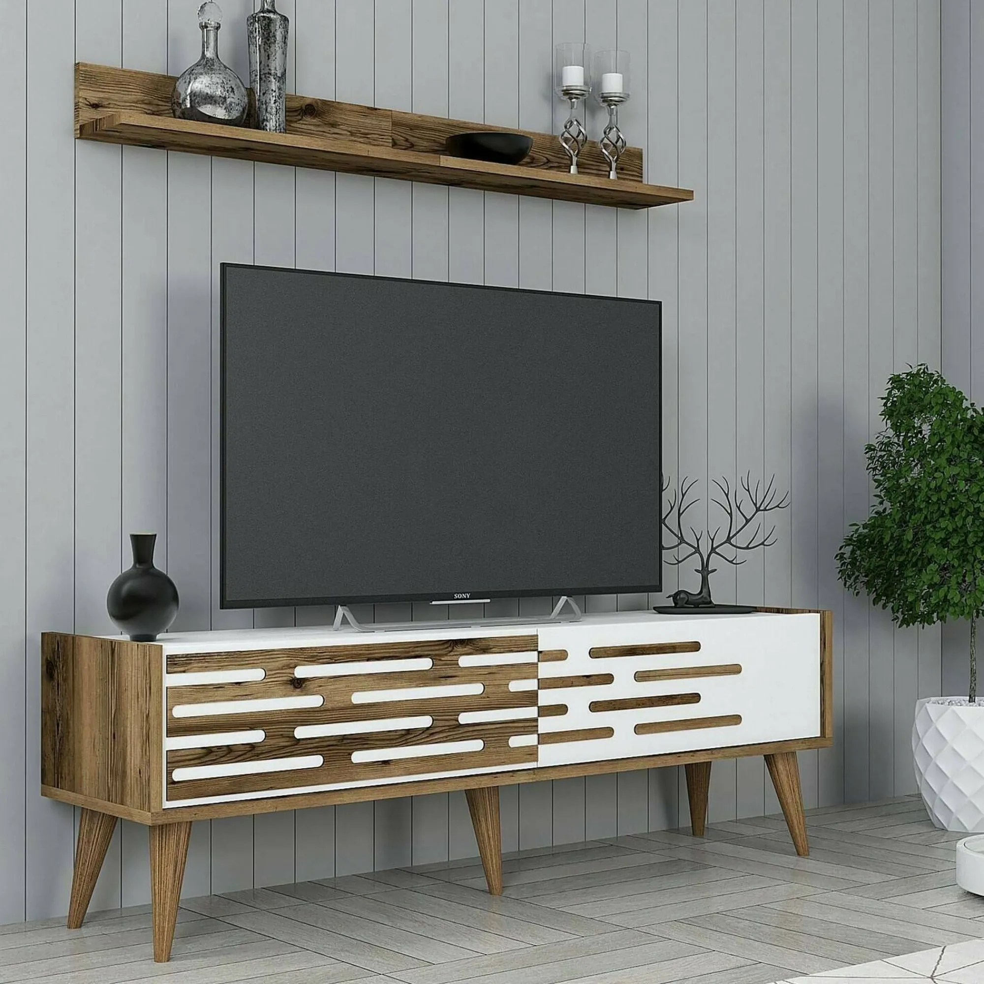 Mobile porta TV Arsiero, 140x45h35 cm, Noce e Bianco<Dmora Discount