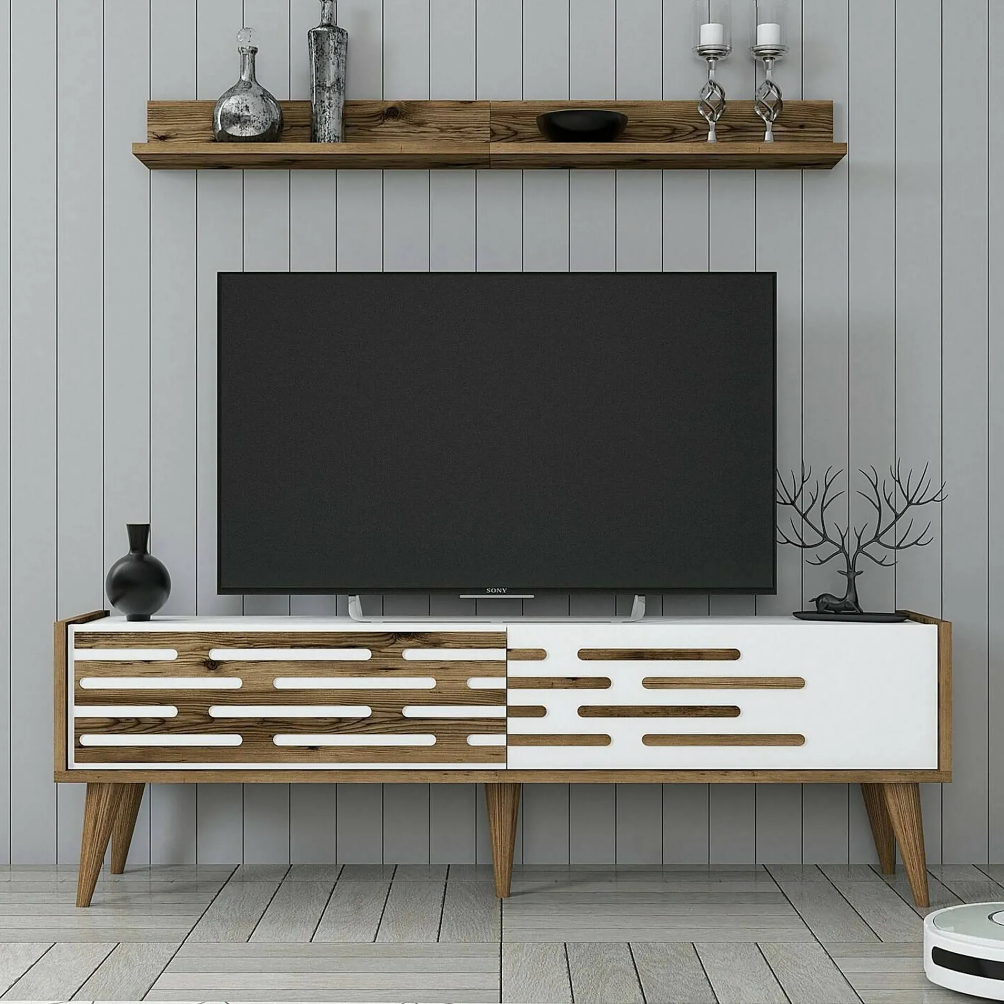 Mobile porta TV Arsiero, 140x45h35 cm, Noce e Bianco<Dmora Discount