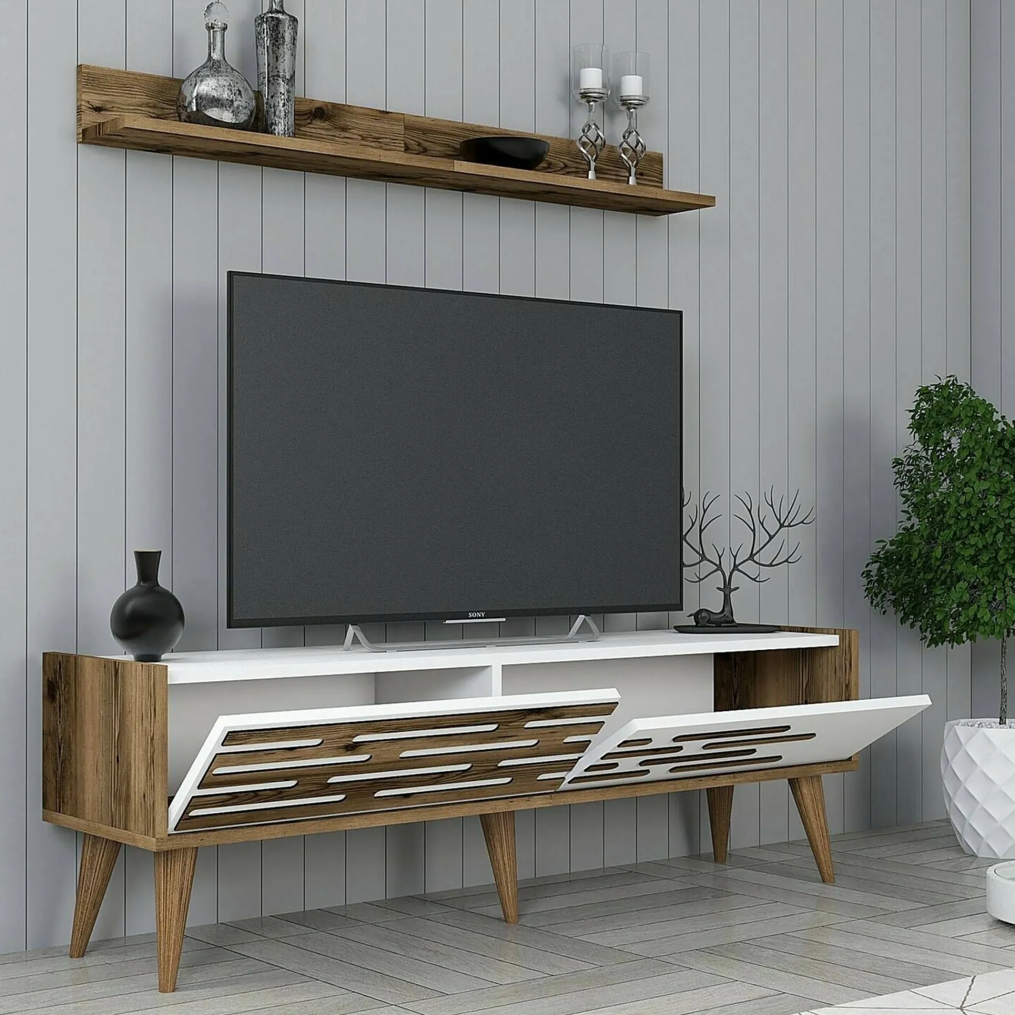 Mobile porta TV Arsiero, 140x45h35 cm, Noce e Bianco<Dmora Discount