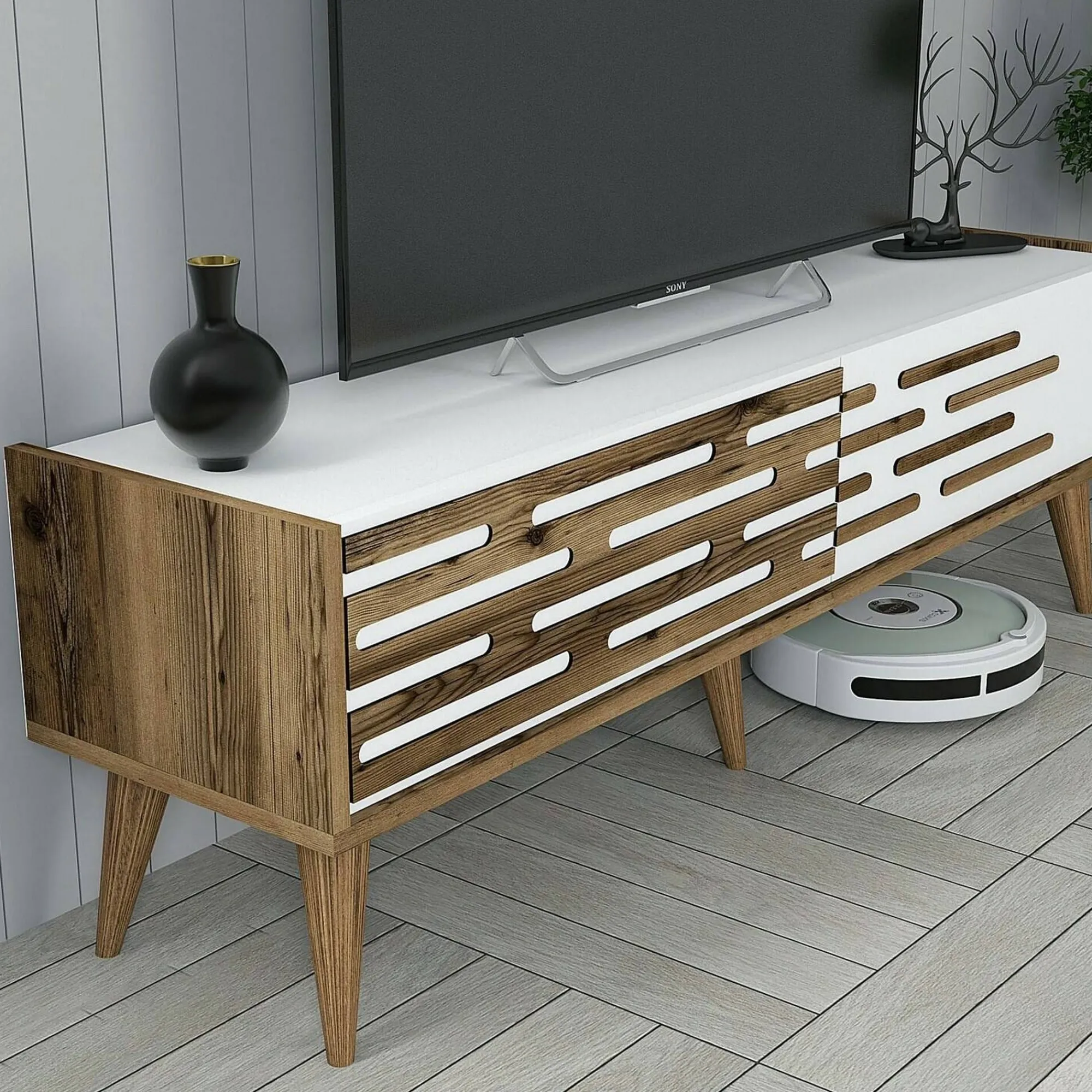 Mobile porta TV Arsiero, 140x45h35 cm, Noce e Bianco<Dmora Discount