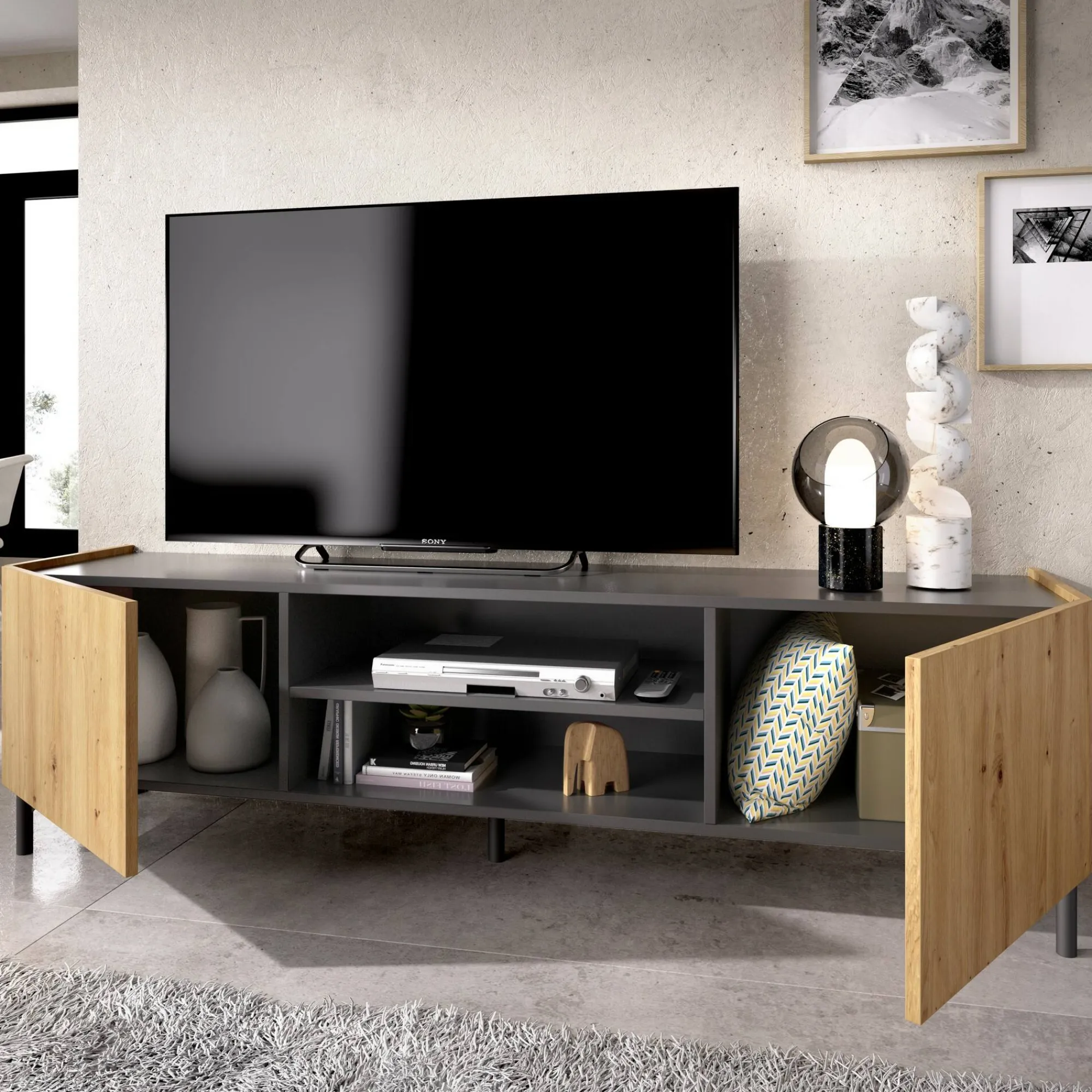 Mobile porta TV Arya, 161x35h45 cm, Rovere Nodi e Antracite<Dmora Hot