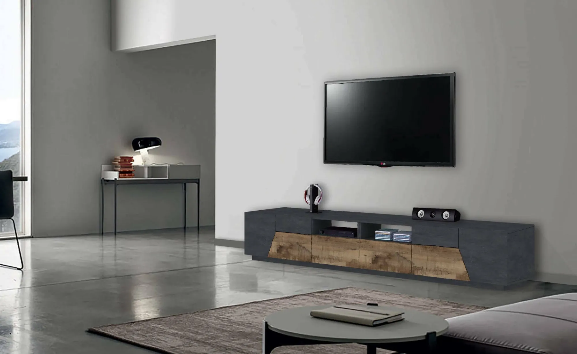 Mobile porta TV Asdrubale, cm 260x43h46, Ardesia e Acero<Dmora Discount
