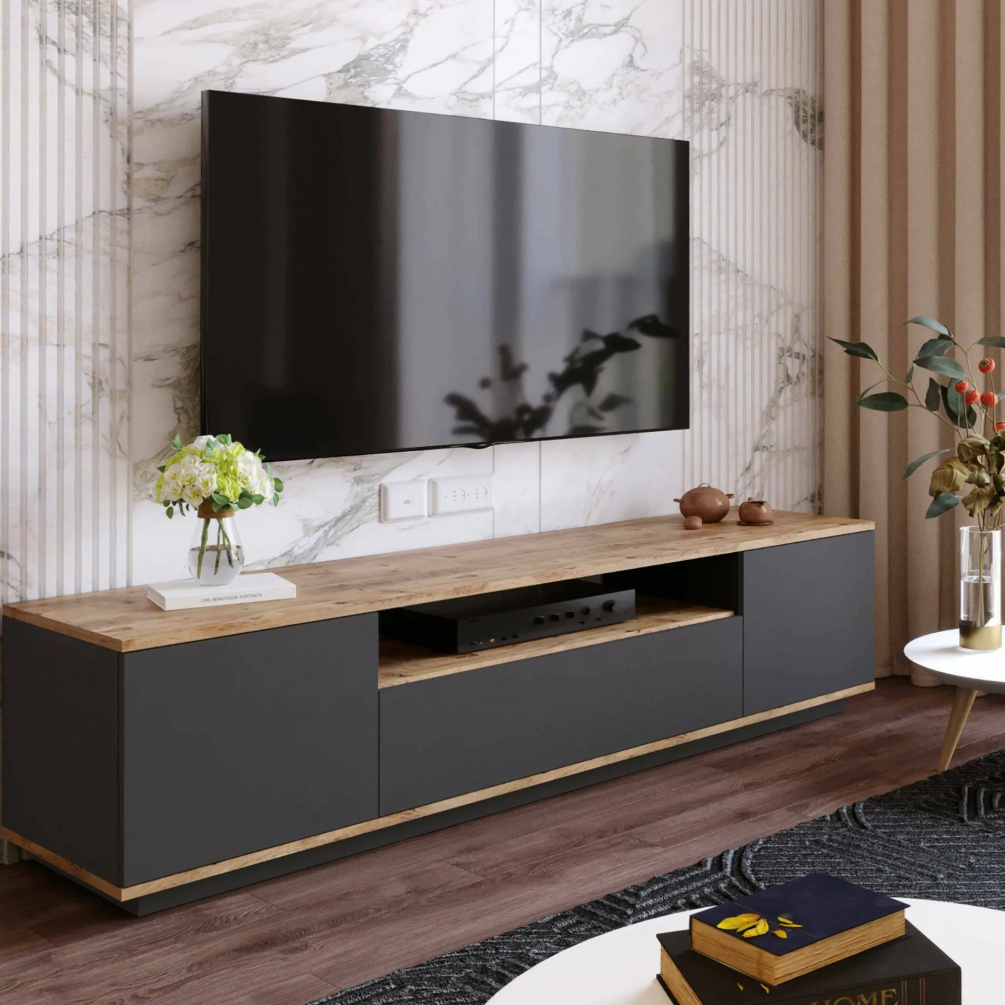 Mobile porta TV Asellina, 180x45h45 cm, Quercia e Antracite<Dmora Shop