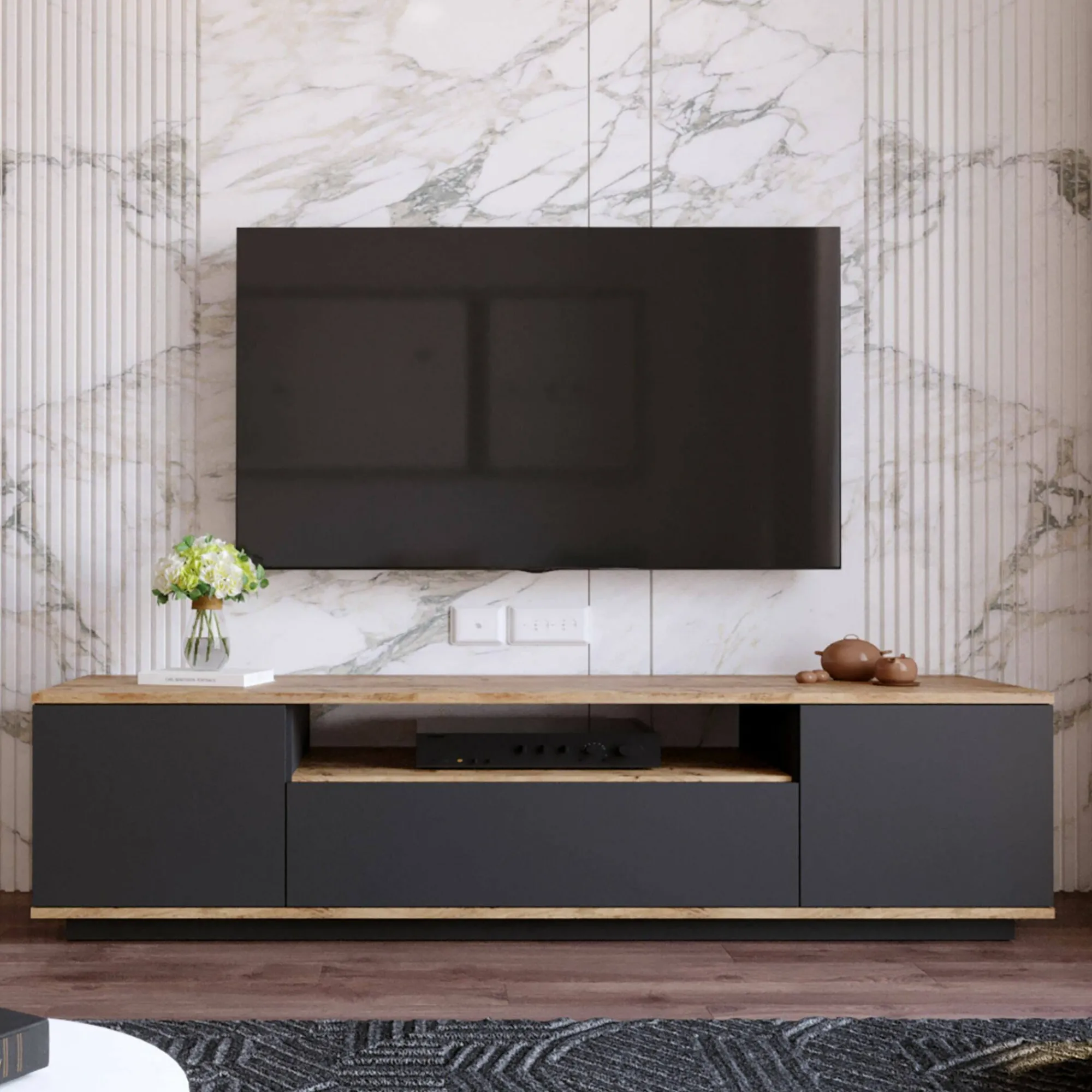 Mobile porta TV Asellina, 180x45h45 cm, Quercia e Antracite<Dmora Shop