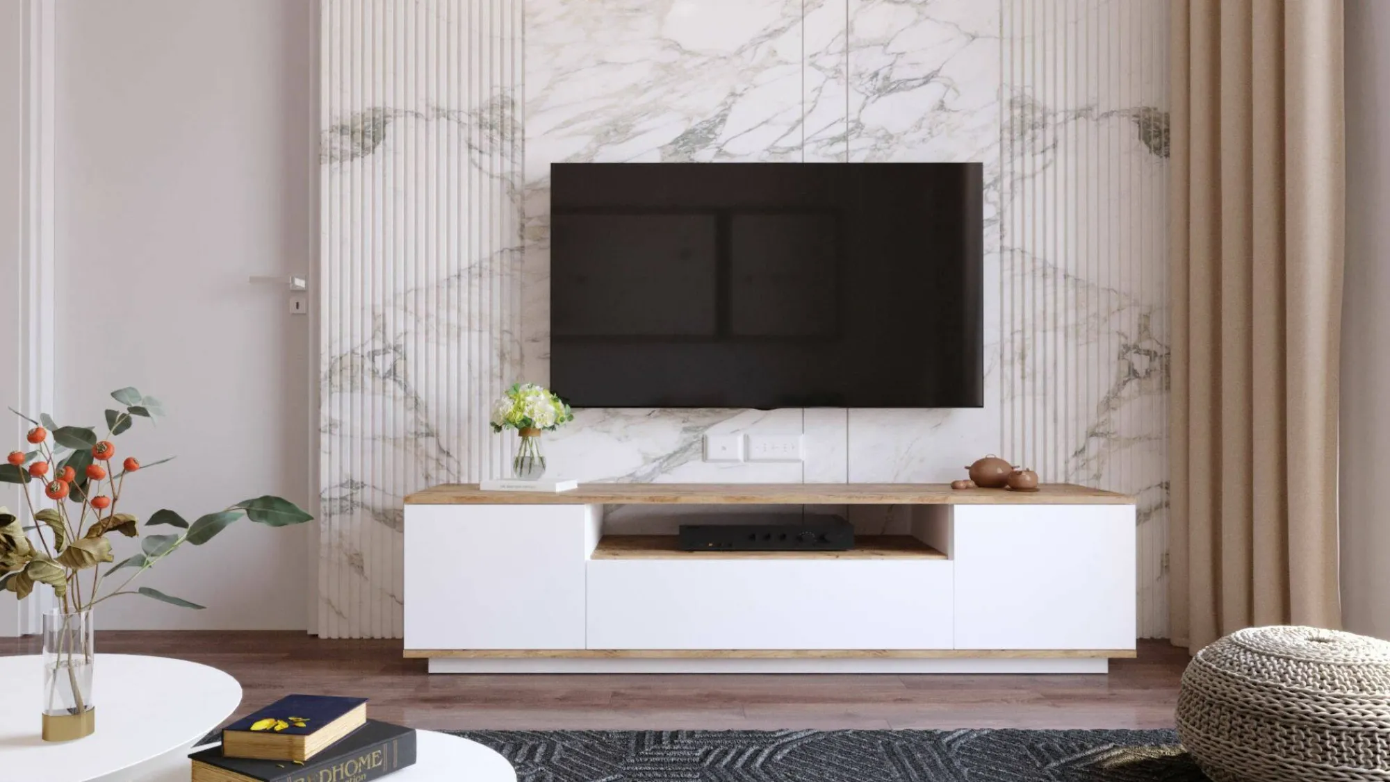 Mobile porta TV Asellina, 180x45h45 cm, Quercia e Bianco<Dmora Online
