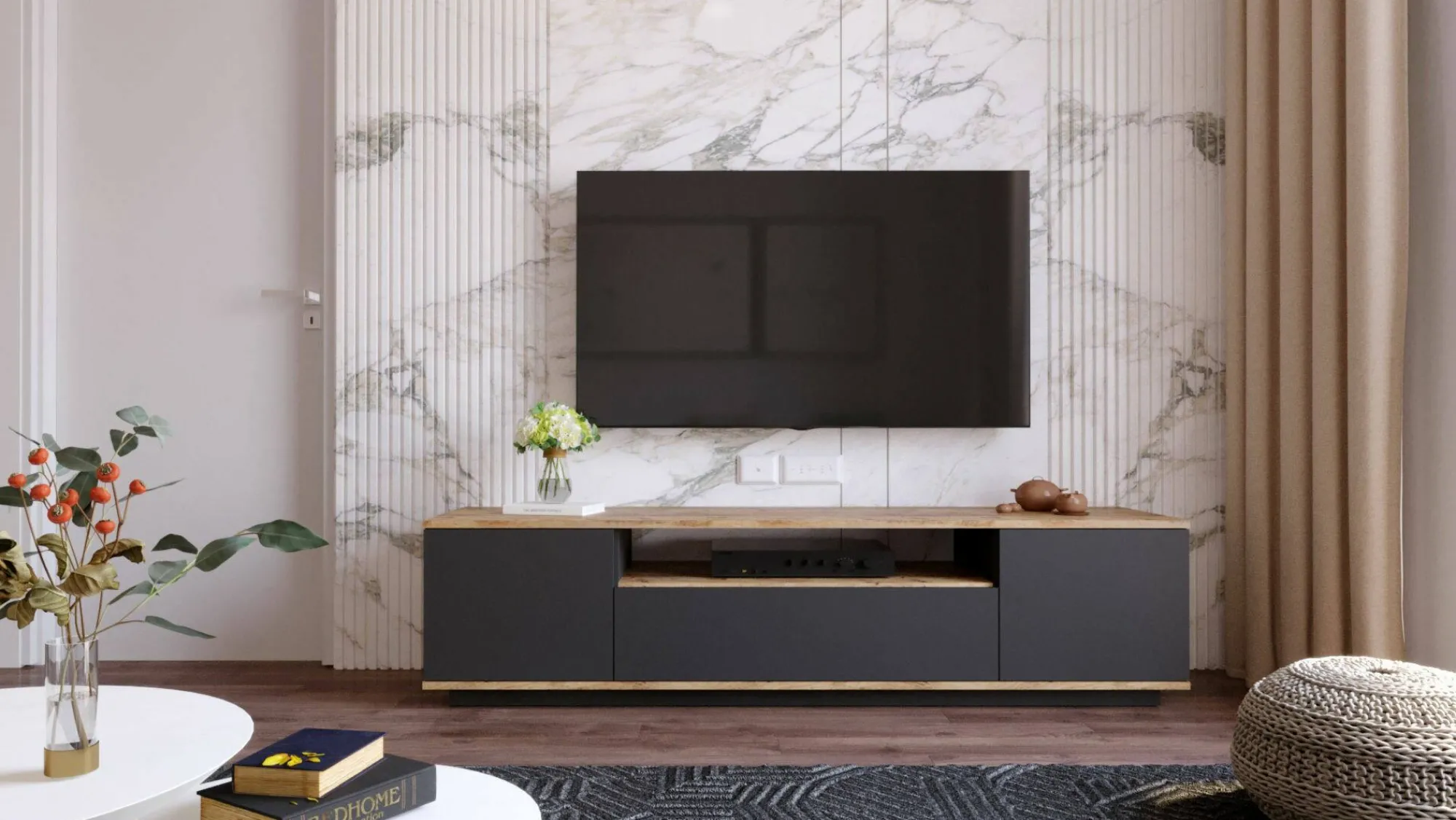Mobile porta TV Asellina, 180x45h45 cm, Quercia e Antracite<Dmora Shop