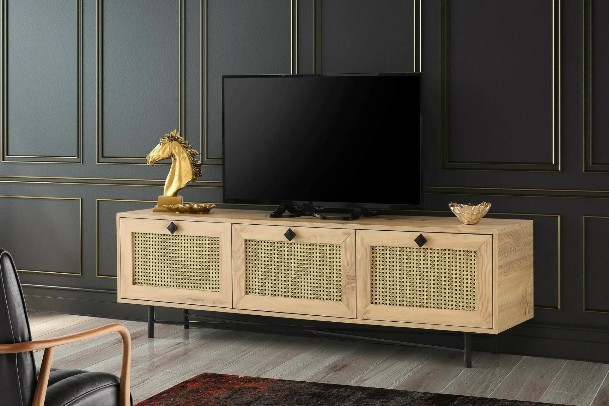 Mobile porta TV Assemini, Quercia e Nero, 180x40h60 cm<Dmora Cheap