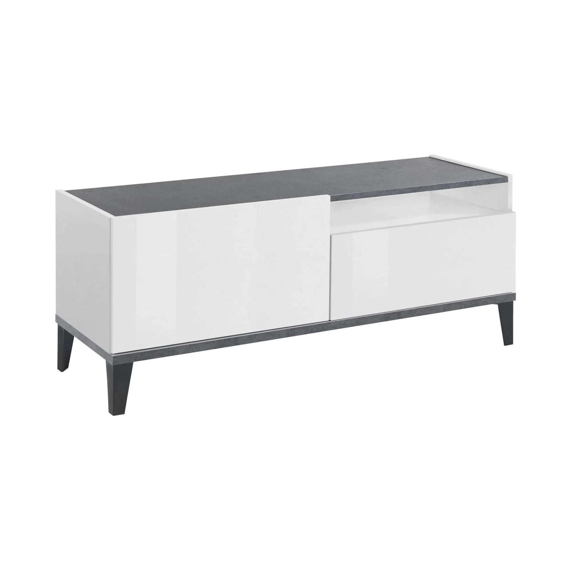 Mobile porta TV Atris, cm 120x40h47, Bianco lucido e Ardesia<Dmora Flash Sale