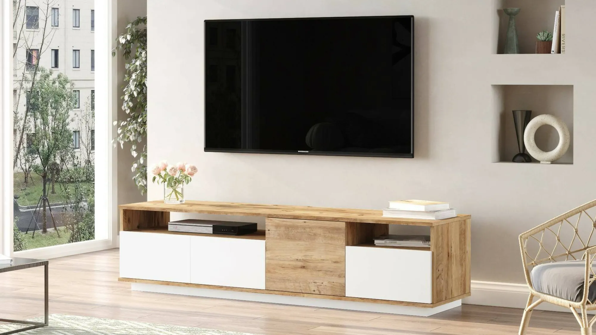 Mobile porta TV Axi, 180x45h45 cm, Quercia e Bianco<Dmora New