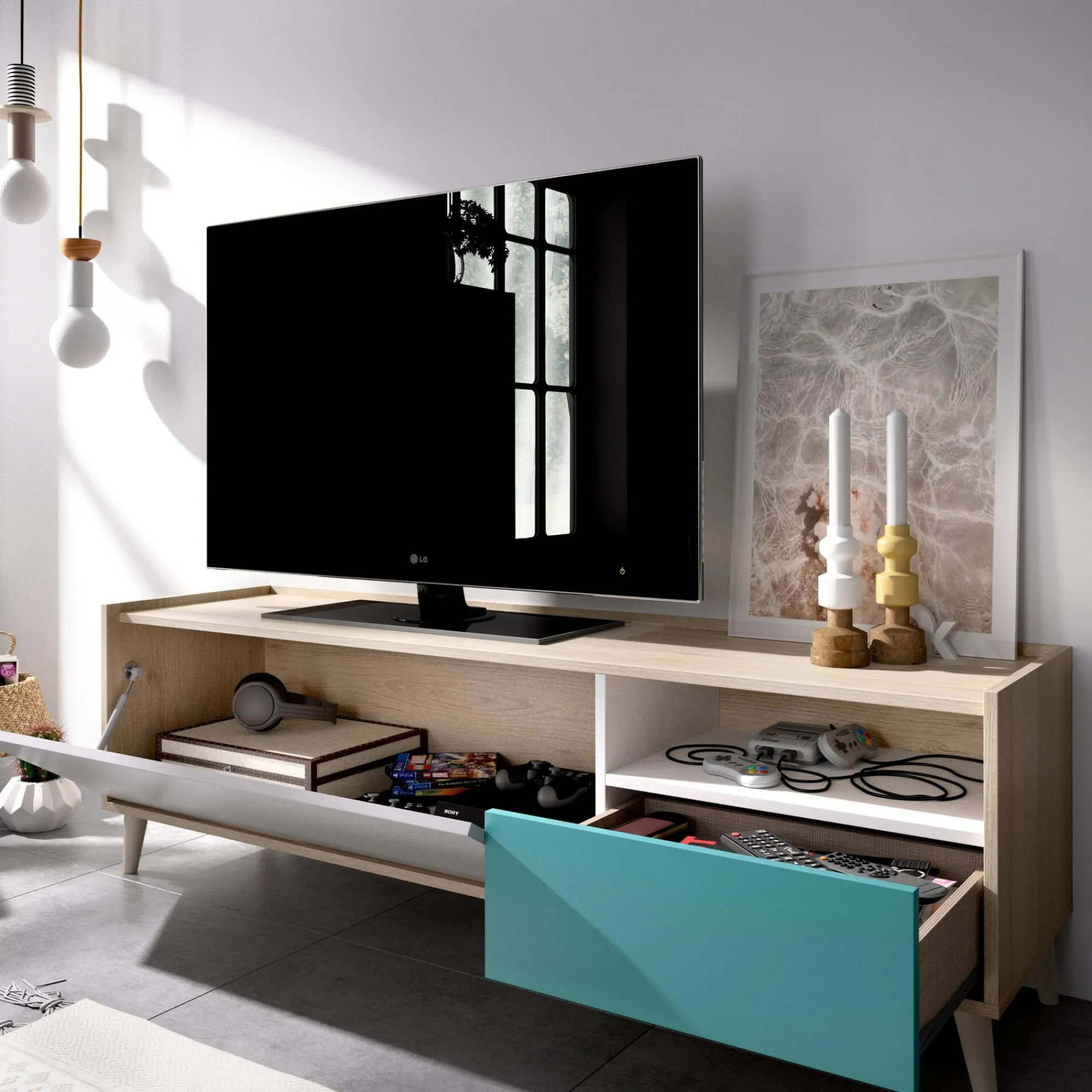 Mobile porta TV Axterix, 155x43h47 cm, Rovere e Bianco<Dmora Cheap