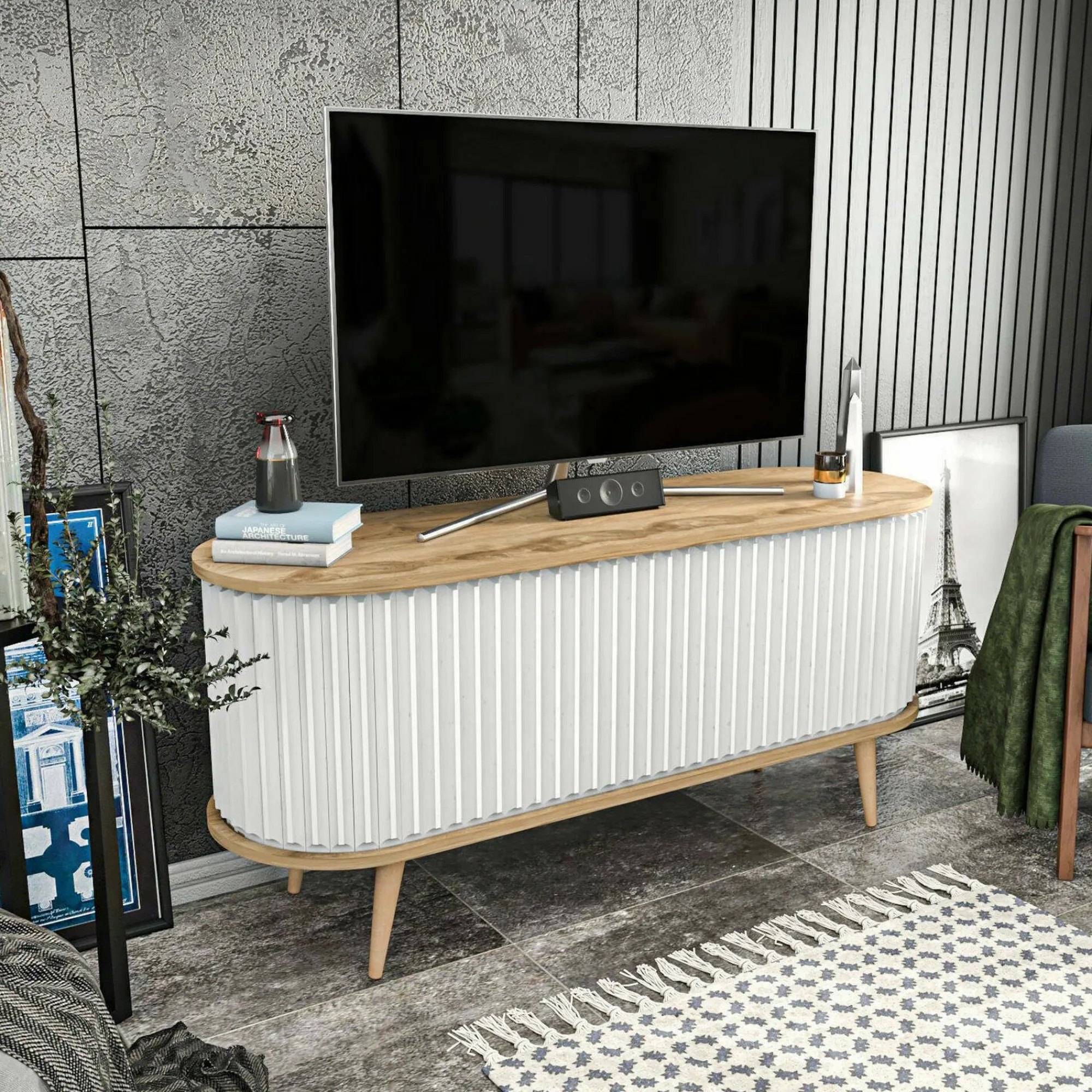 Mobile porta TV Bailu, 140x43h64 cm, Quercia e Bianco<Dmora New