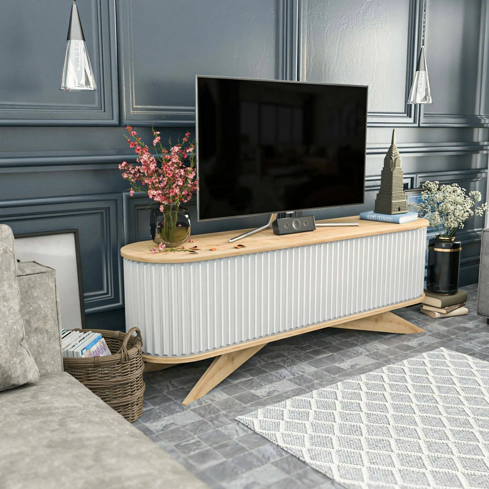 Mobile porta TV Bailu, 180x43h60 cm, Quercia e Bianco<Dmora Shop