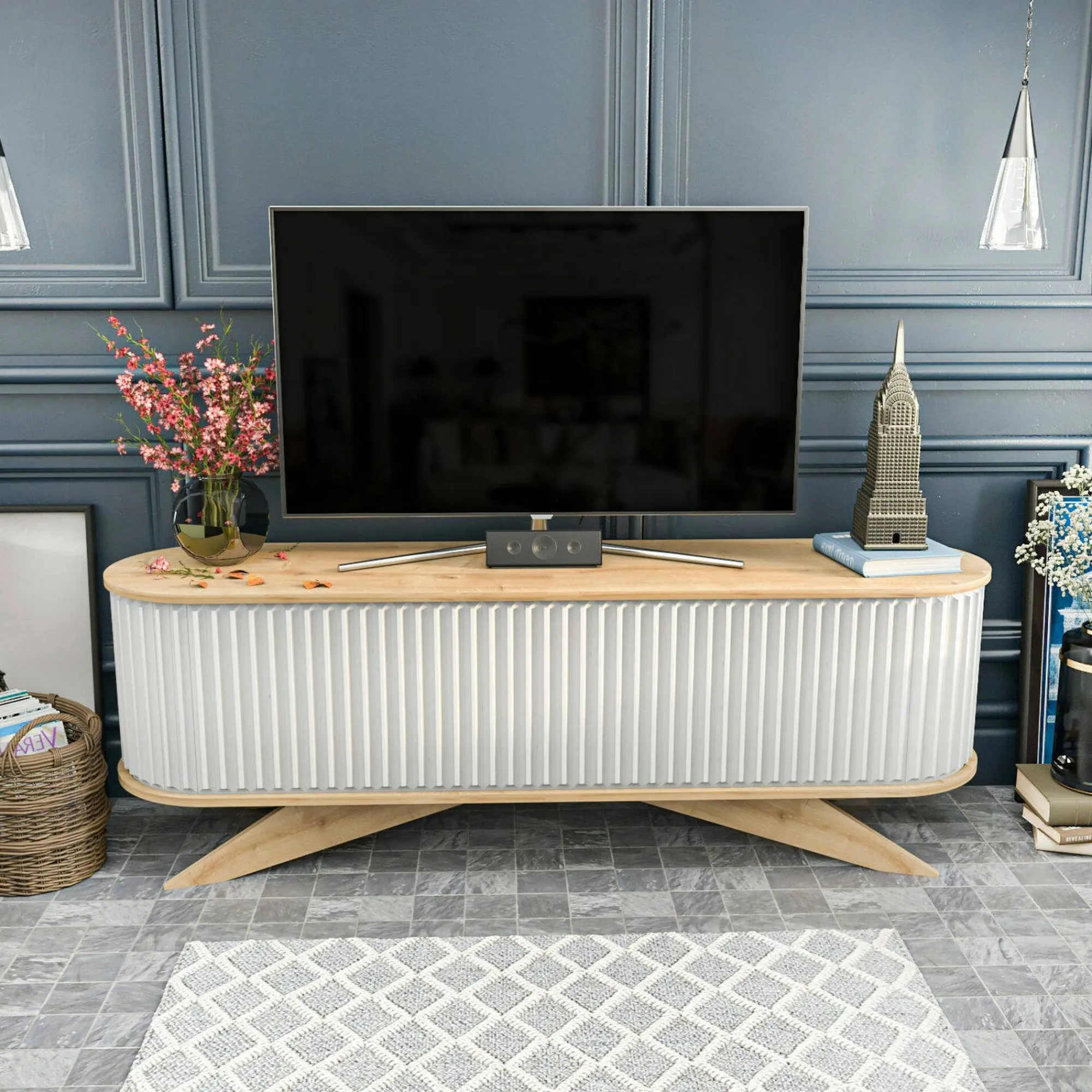 Mobile porta TV Bailu, 180x43h60 cm, Quercia e Bianco<Dmora Shop