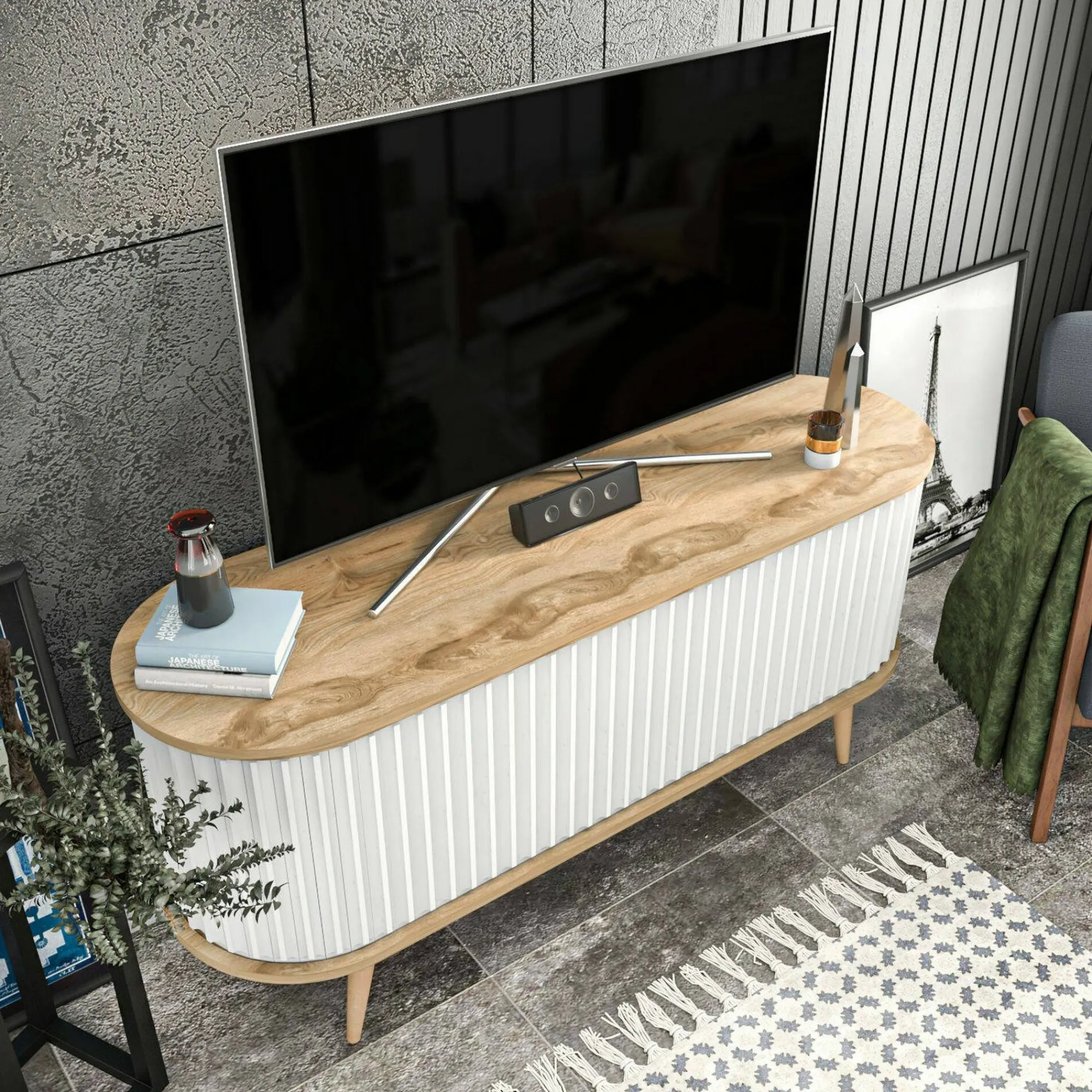 Mobile porta TV Bailu, 140x43h64 cm, Quercia e Bianco<Dmora New