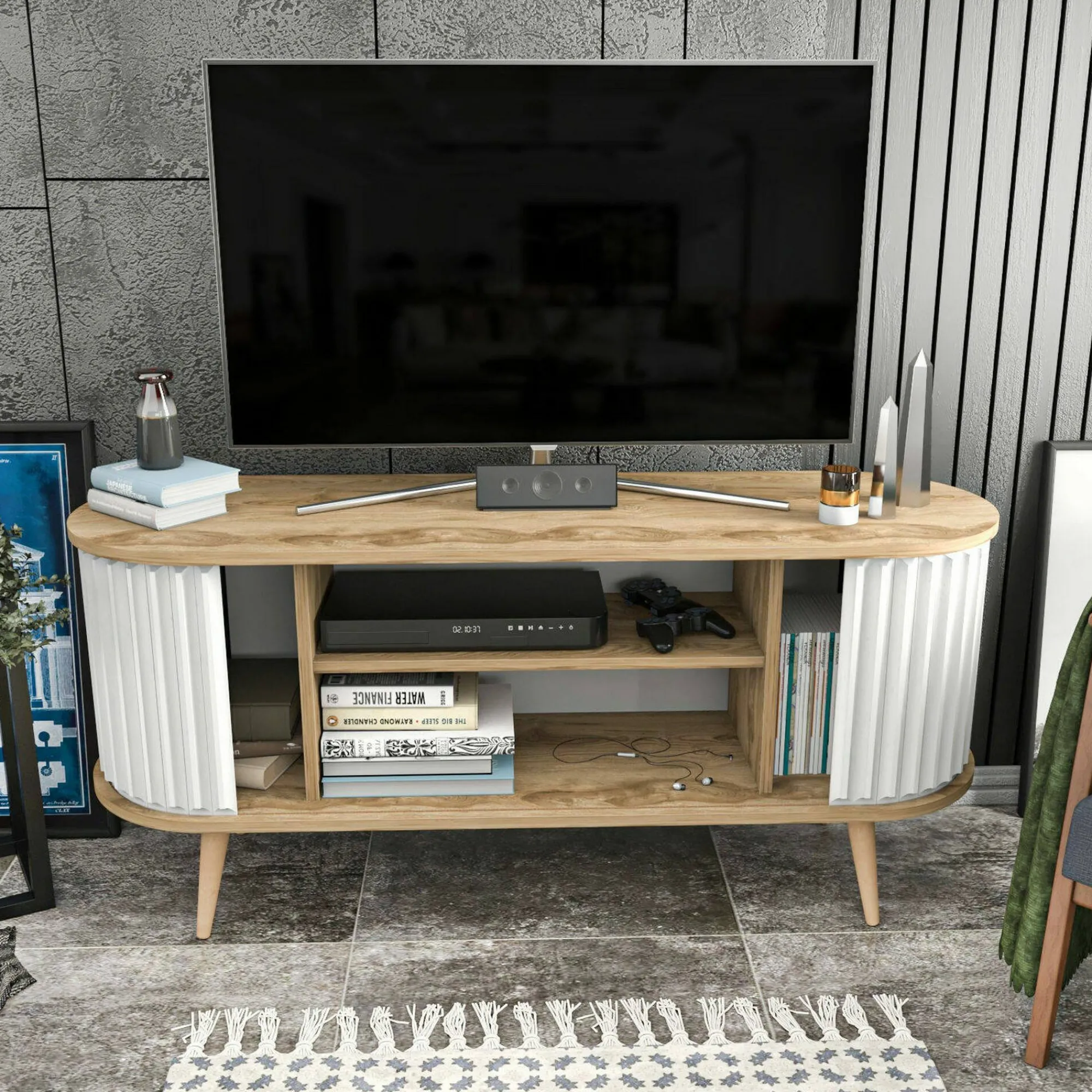 Mobile porta TV Bailu, 140x43h64 cm, Quercia e Bianco<Dmora New