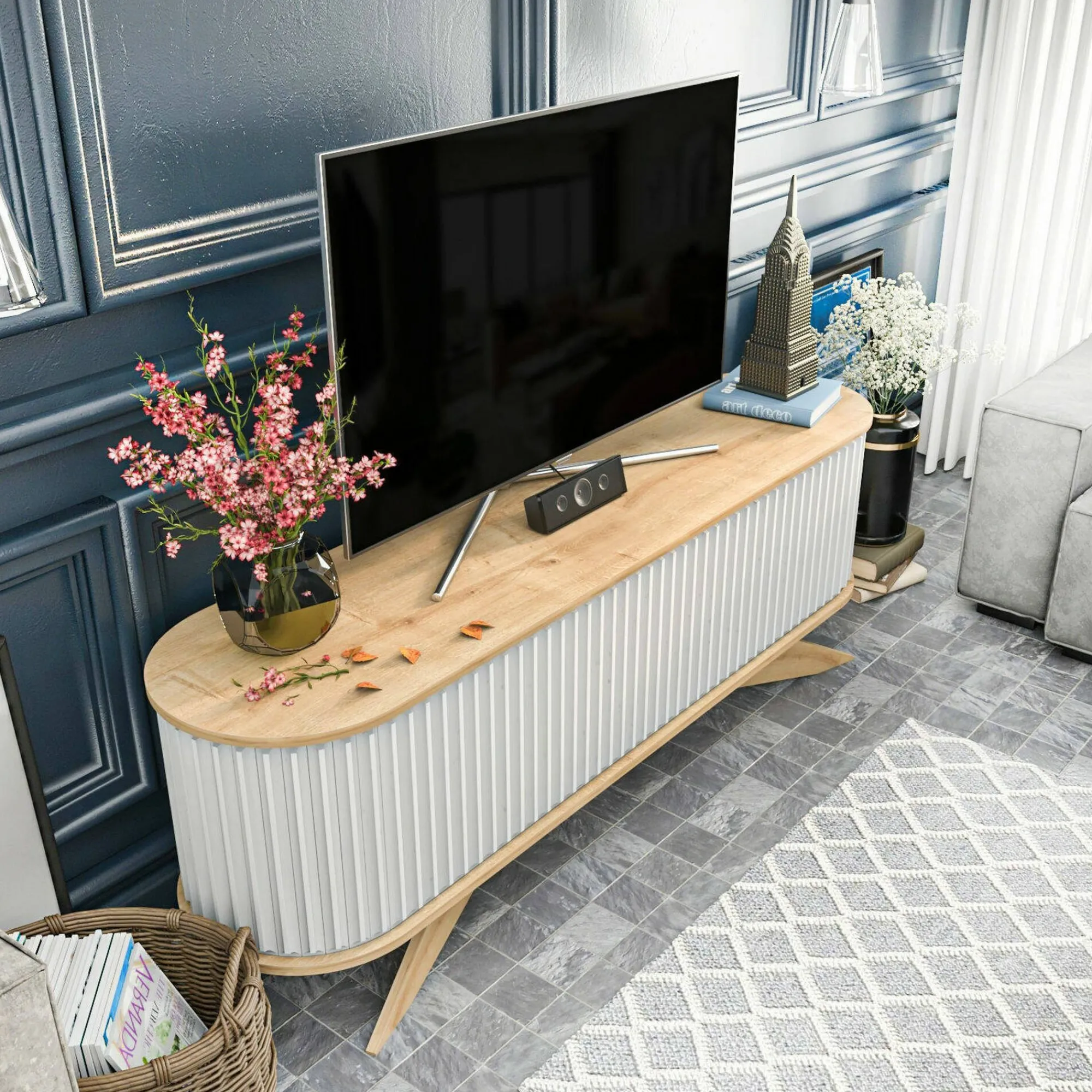 Mobile porta TV Bailu, 180x43h60 cm, Quercia e Bianco<Dmora Shop