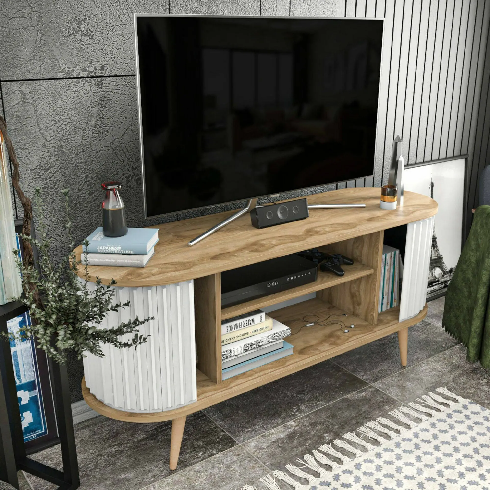 Mobile porta TV Bailu, 140x43h64 cm, Quercia e Bianco<Dmora New