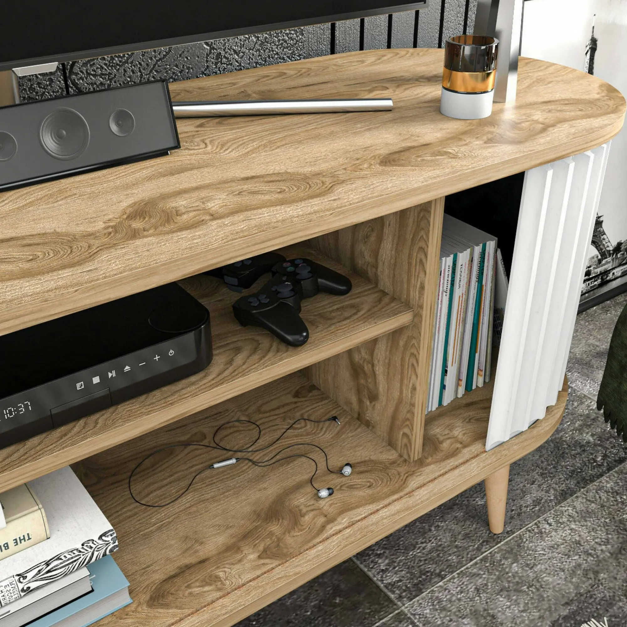 Mobile porta TV Bailu, 140x43h64 cm, Quercia e Bianco<Dmora New
