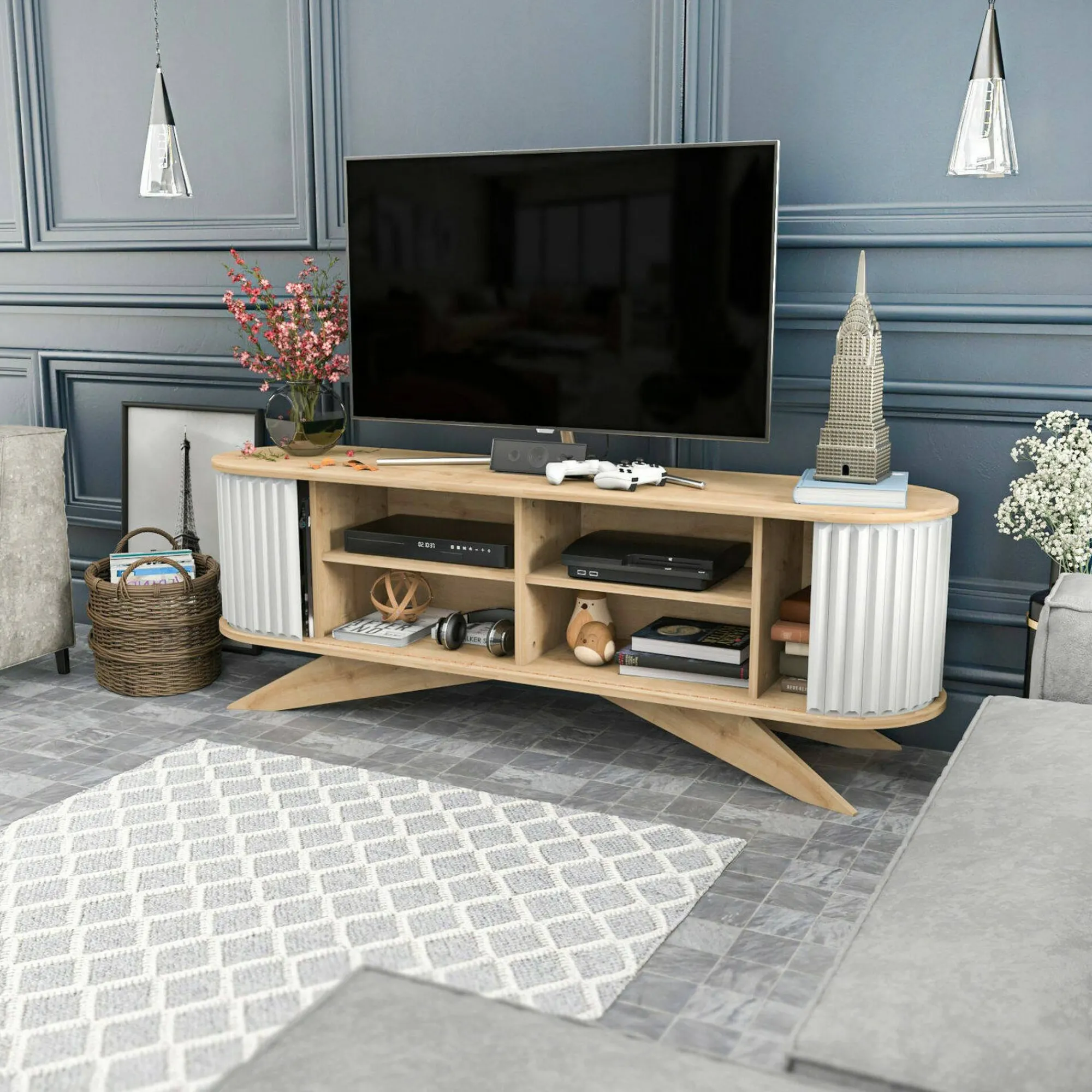 Mobile porta TV Bailu, 180x43h60 cm, Quercia e Bianco<Dmora Shop