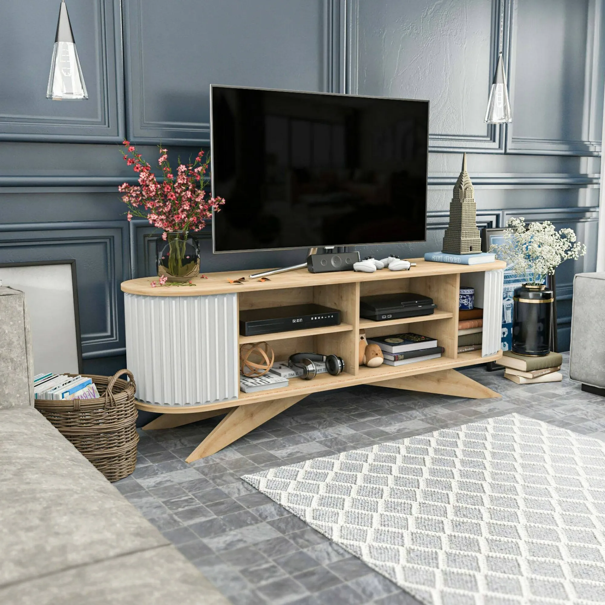 Mobile porta TV Bailu, 180x43h60 cm, Quercia e Bianco<Dmora Shop