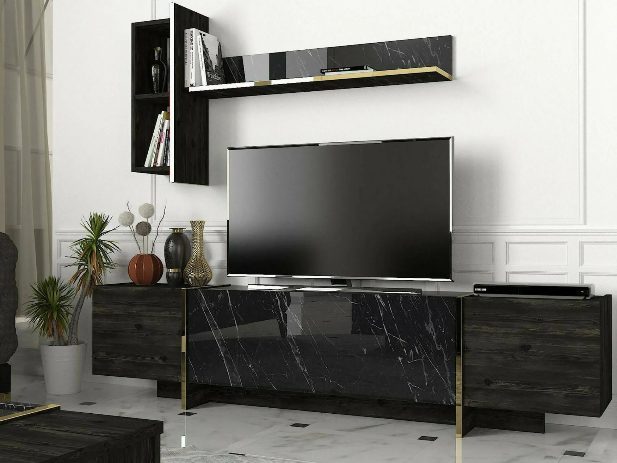 Mobile porta TV Beinasco, 180x32h45 cm, Nero e Oro<Dmora Cheap