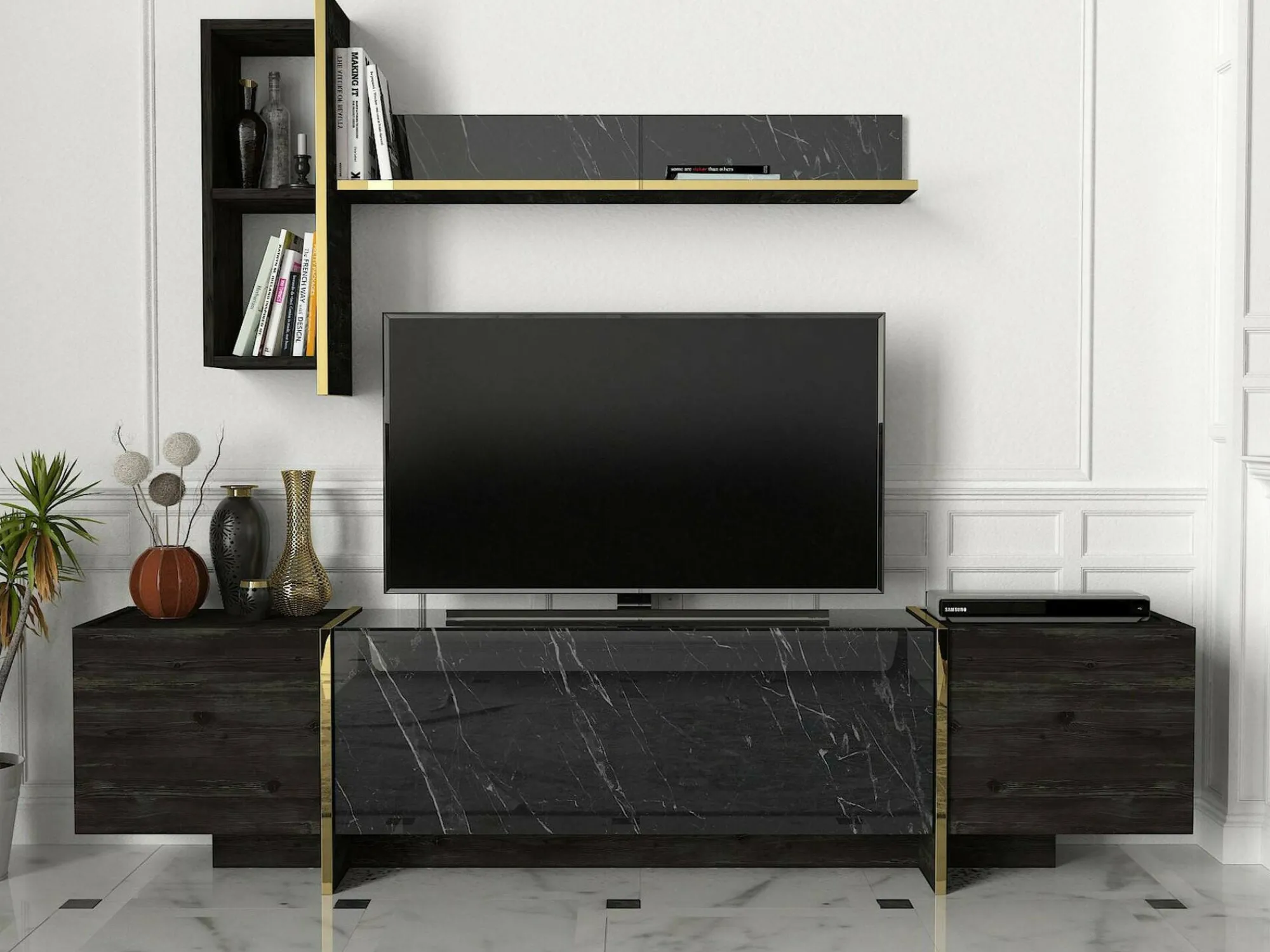 Mobile porta TV Beinasco, 180x32h45 cm, Nero e Oro<Dmora Cheap