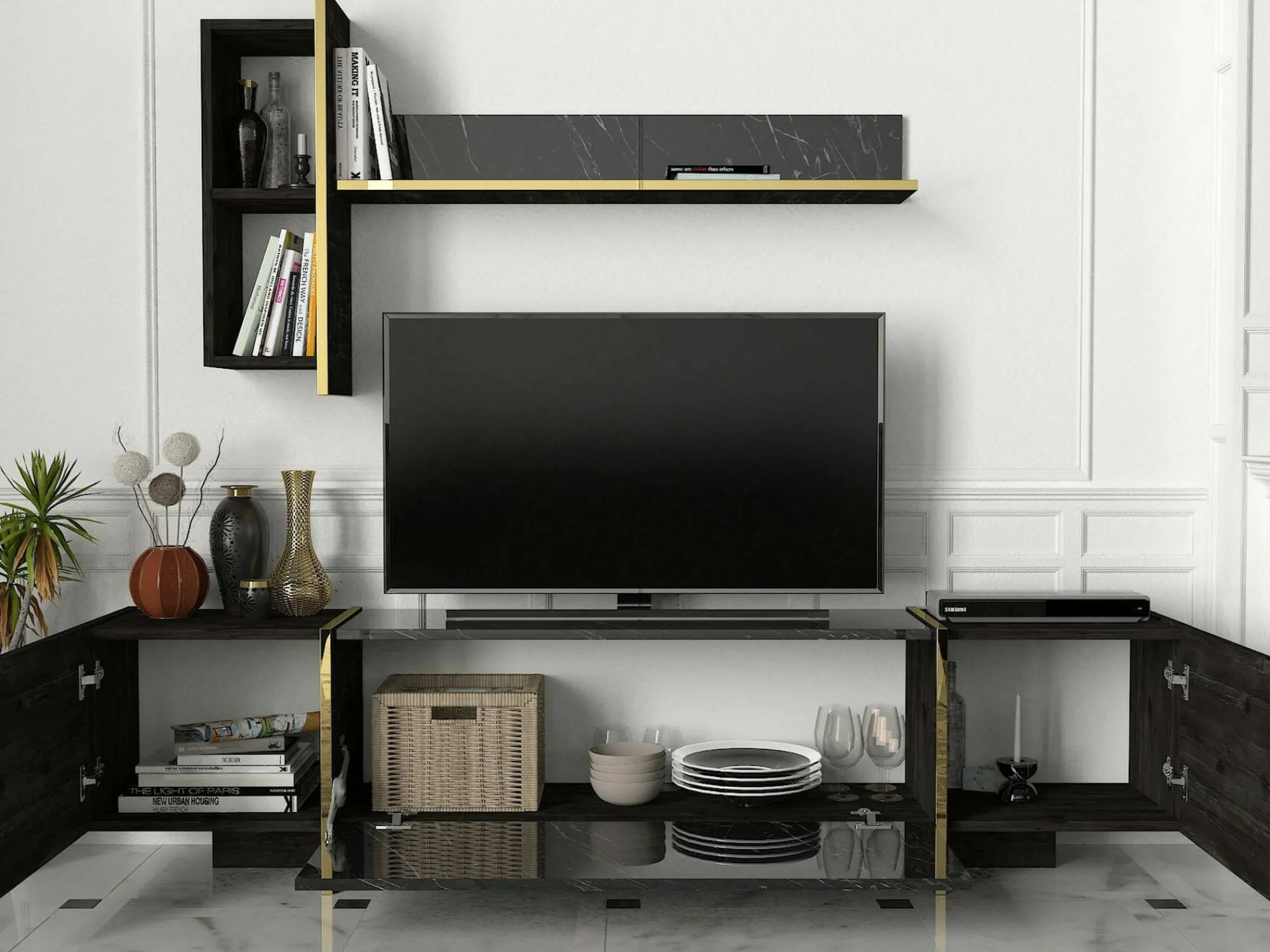 Mobile porta TV Beinasco, 180x32h45 cm, Nero e Oro<Dmora Cheap