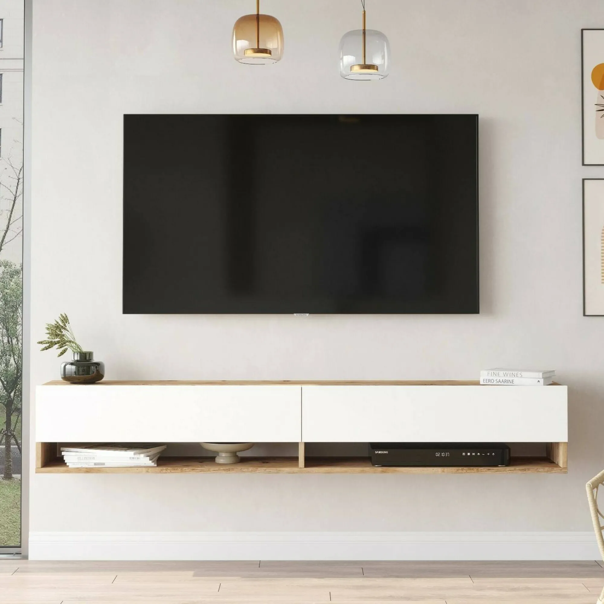 Mobile porta TV Compasso, 180x32h29 cm, Quercia e Bianco<Dmora New