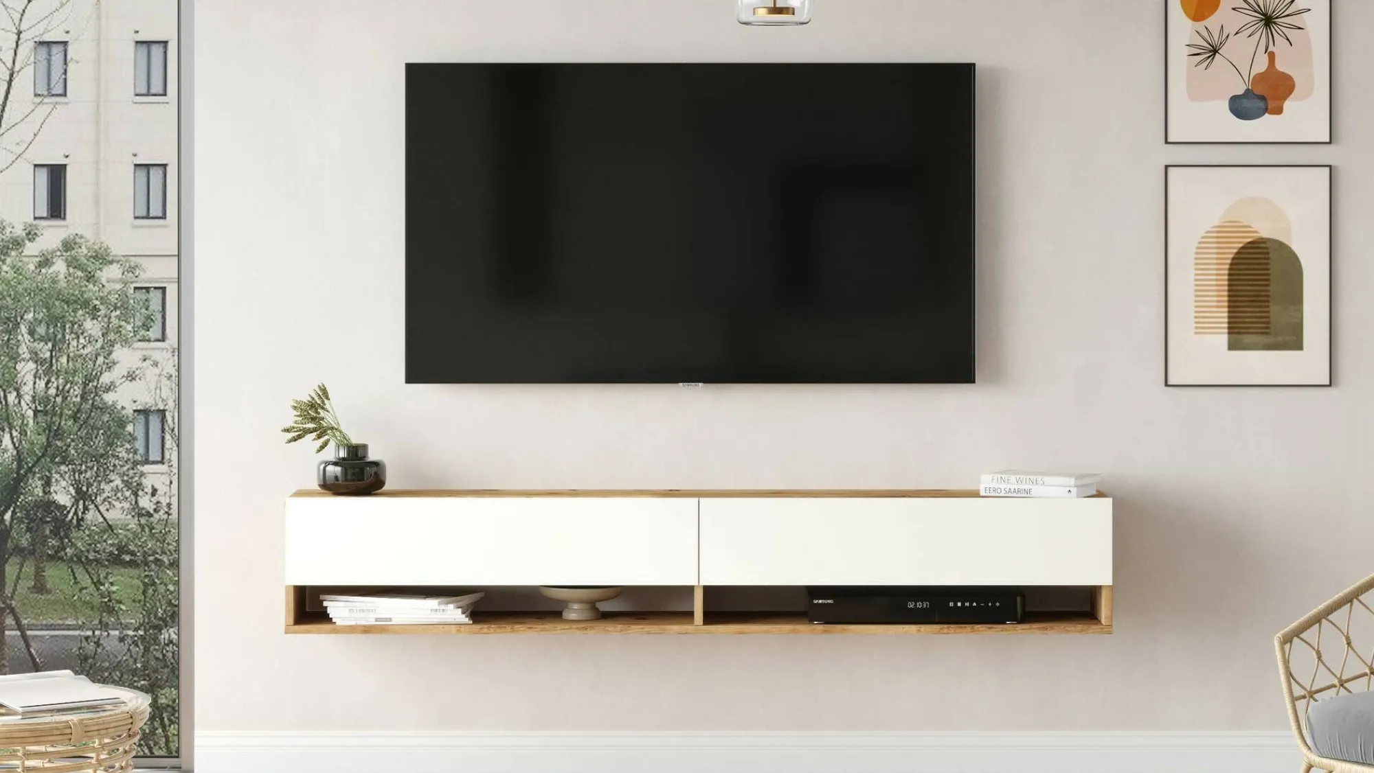 Mobile porta TV Compasso, 180x32h29 cm, Quercia e Bianco<Dmora New