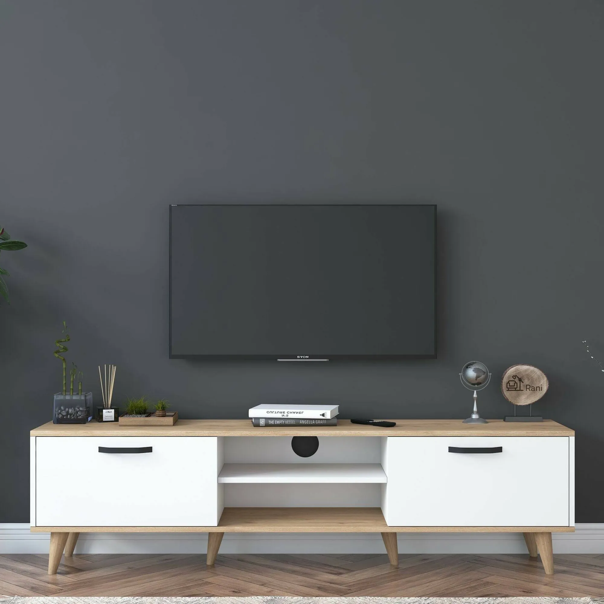 Mobile porta TV Daba, 180x35h49 cm, Bianco e Noce<Dmora Cheap