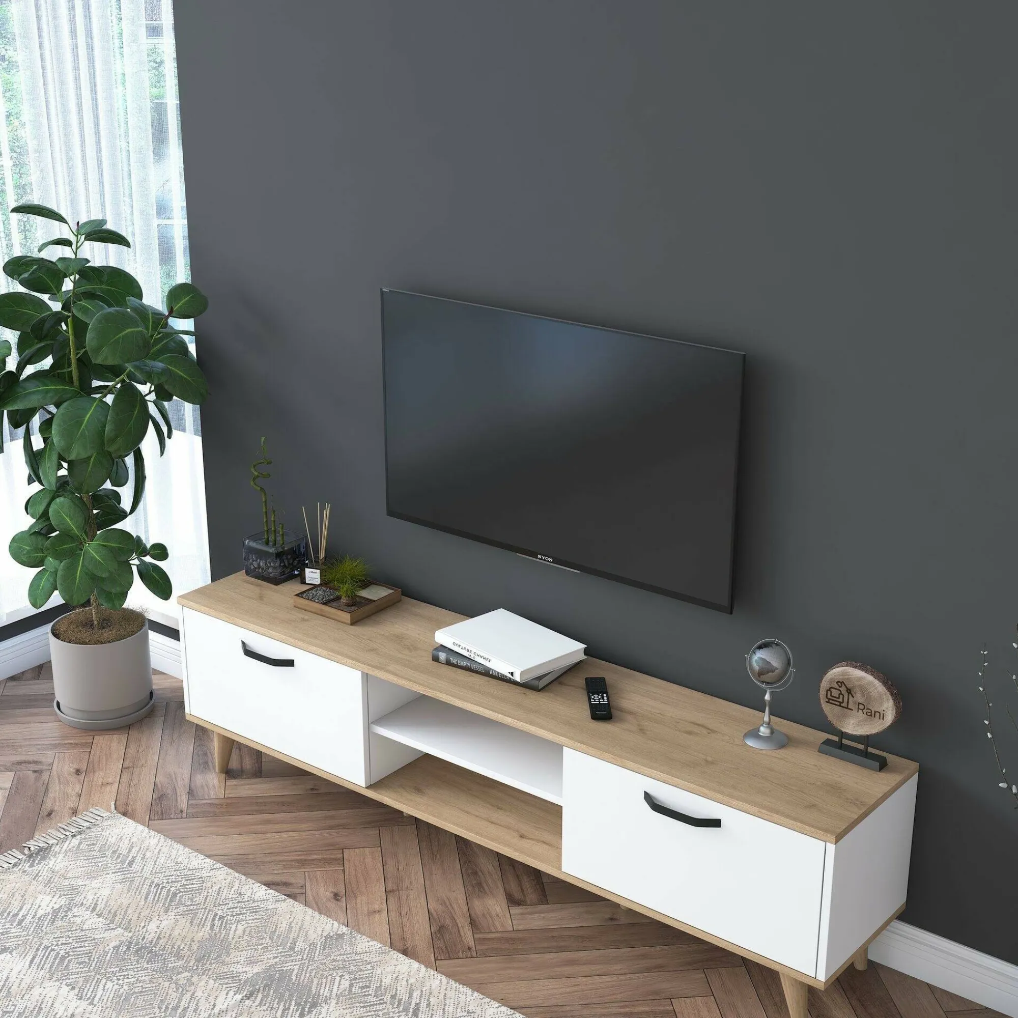 Mobile porta TV Daba, 180x35h49 cm, Bianco e Noce<Dmora Cheap